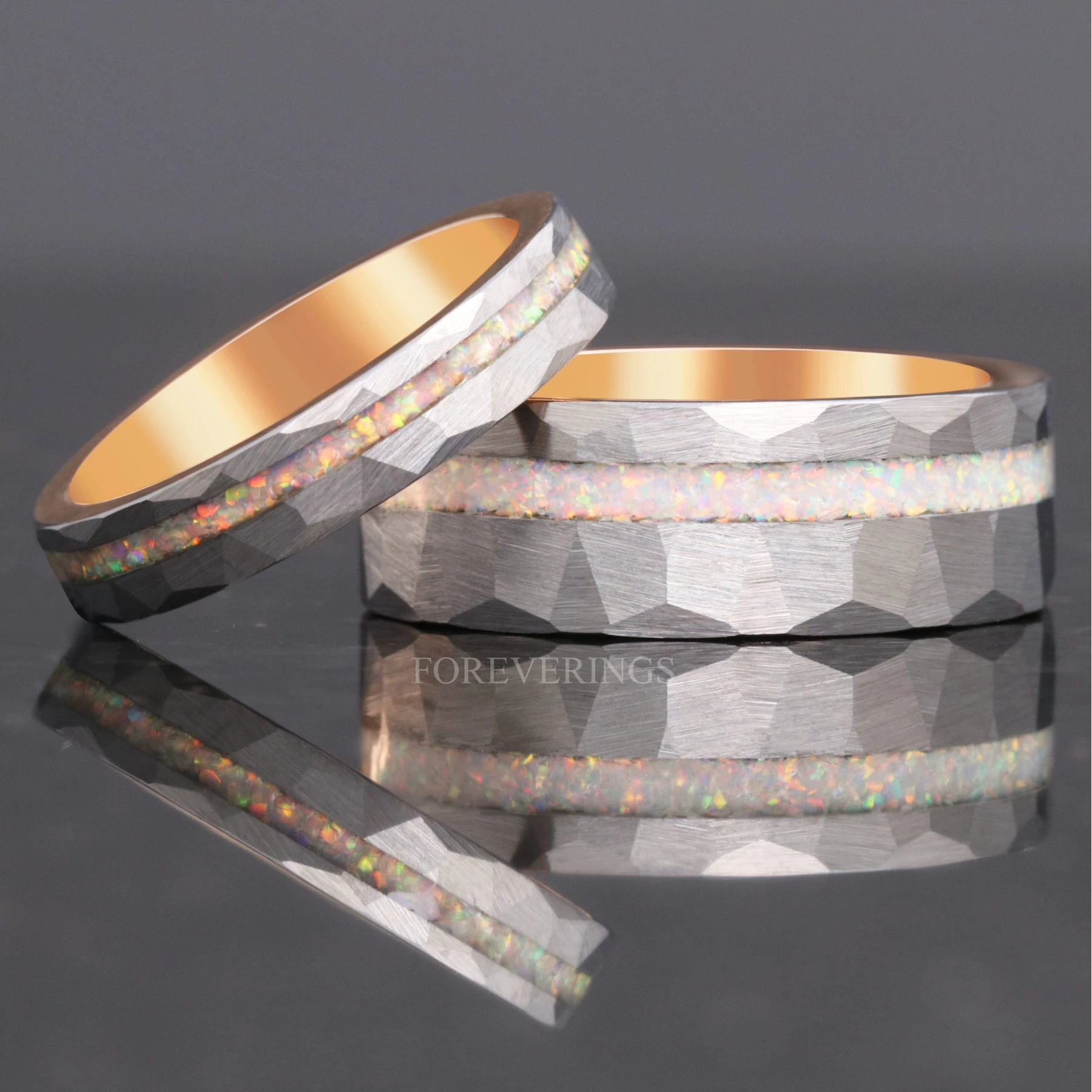 Opal Ring Set, His Her Wedding Band Set, Hammered
