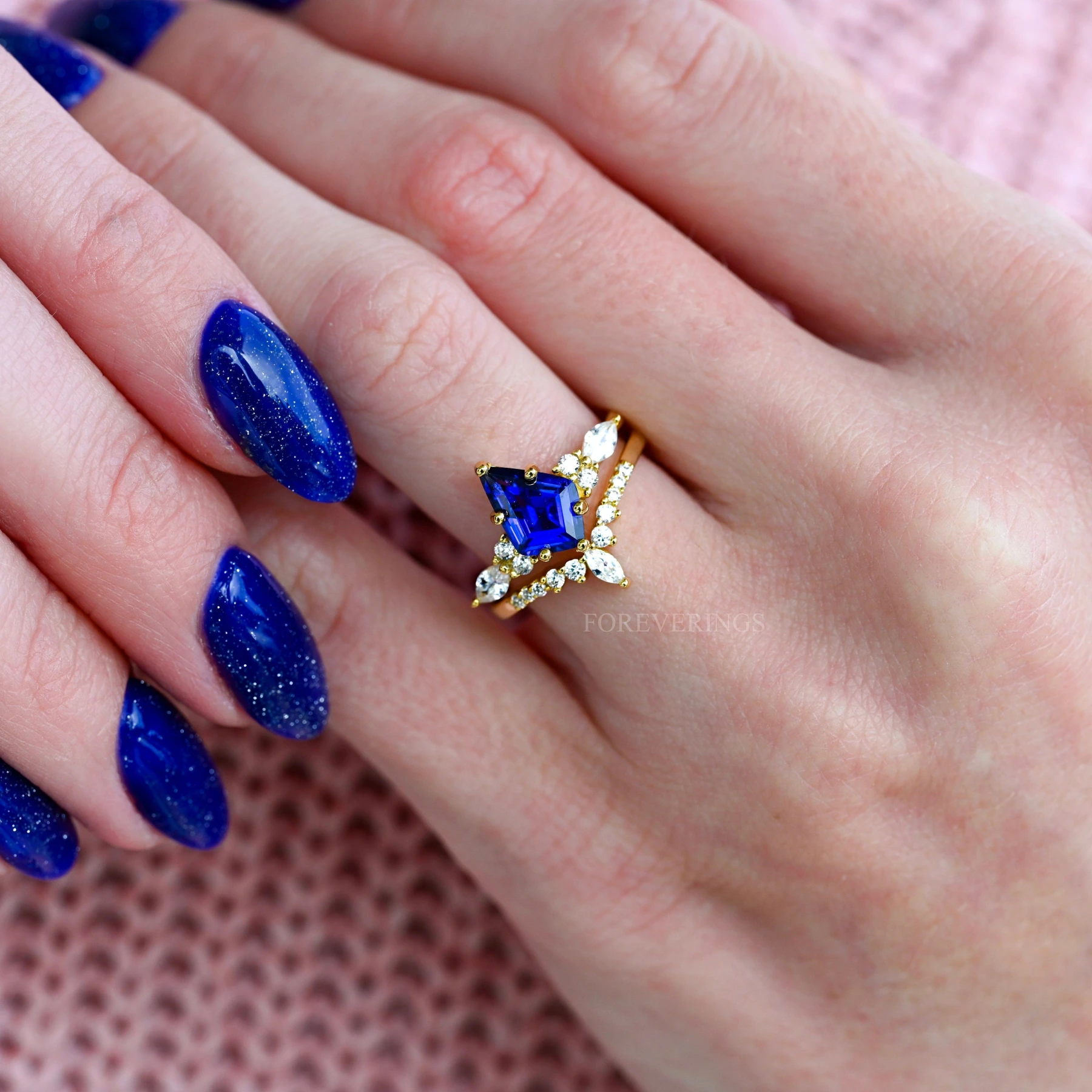 Orion Nebula Couples Ring Set Gold, His and Her Wedding Band, Sapphire Kite Engagement Ring Set, Matching Blue Nebula Ring, Outer Space Ring - view 3