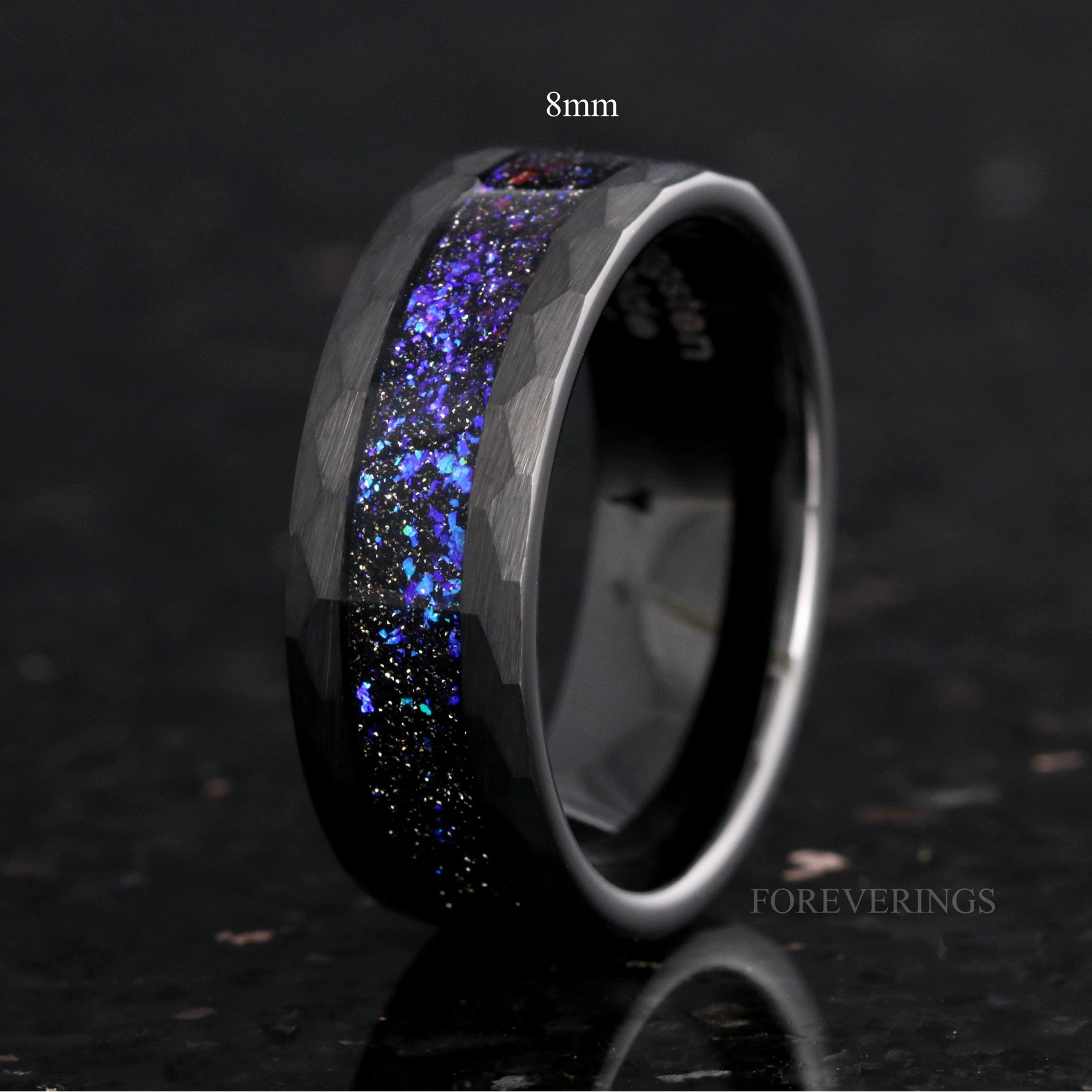 Orion Nebula Ring Set Hammered, His and Her Wedding Band, Black Tungsten, Blue Space Ring, 8mm 4mm Matching Band, Couple Engagement Ring Set - view 2