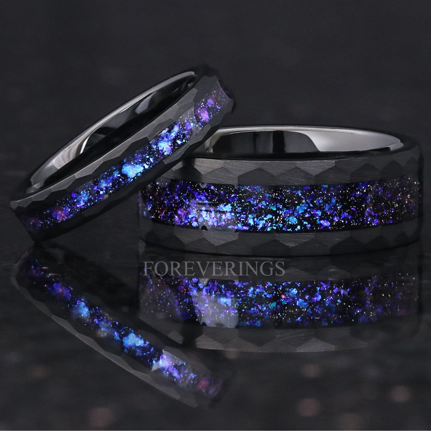 Orion Nebula Ring Set Hammered, His and Her Wedding Band, Black Tungsten
