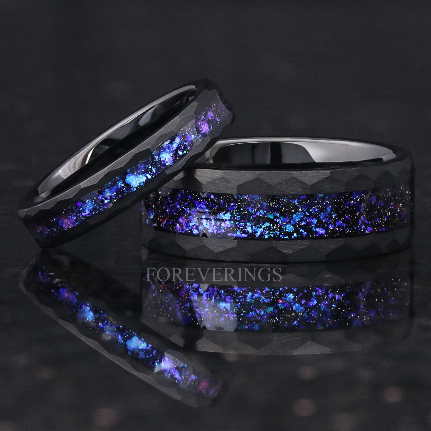 Orion Nebula Ring Set Hammered, His and Her Wedding Band, Black Tungsten, Blue Space Ring, 8mm 4mm Matching Band, Couple Engagement Ring Set - view 4