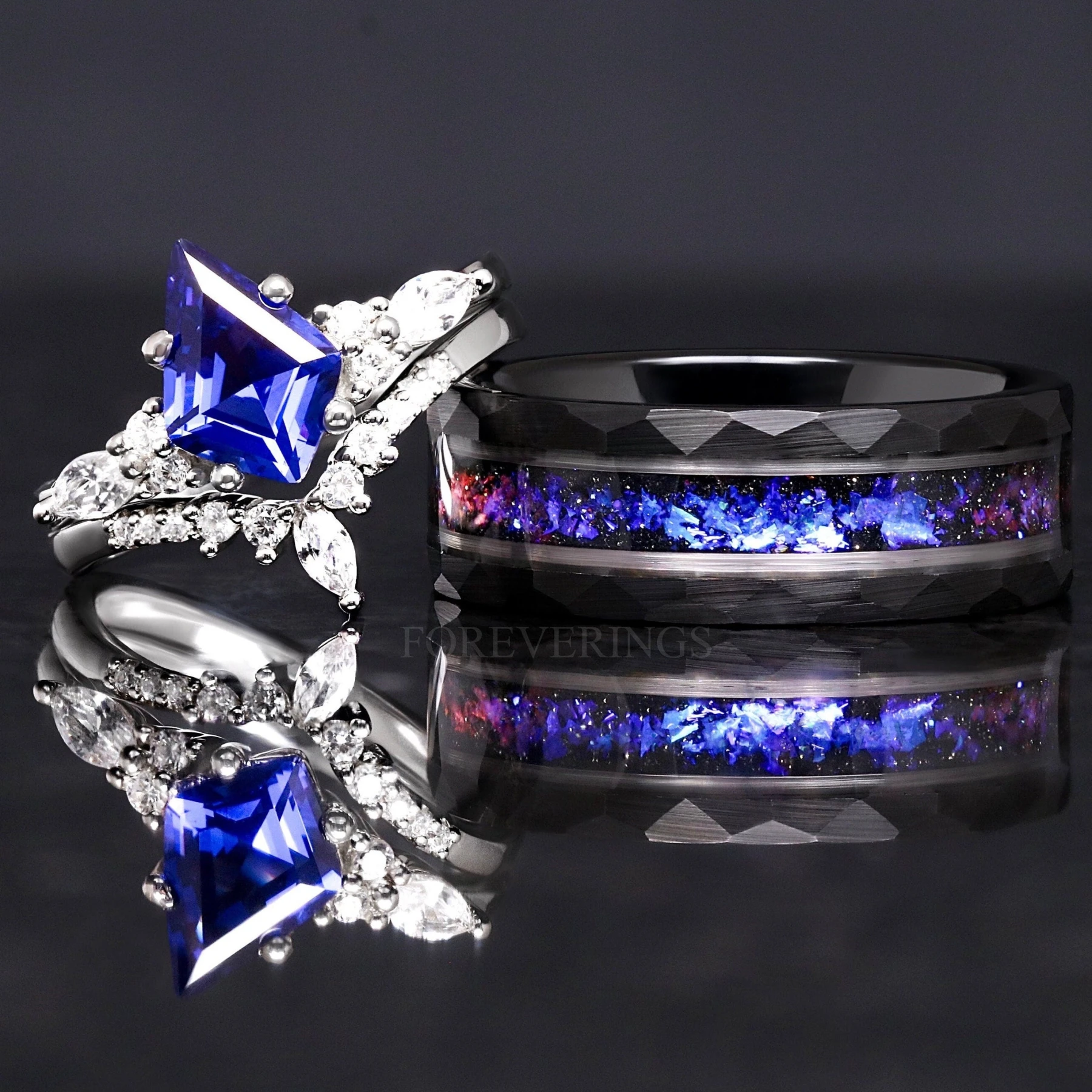 Orion Nebula Ring Set, His and Hers Wedding Band, Sapphire and Sandstone