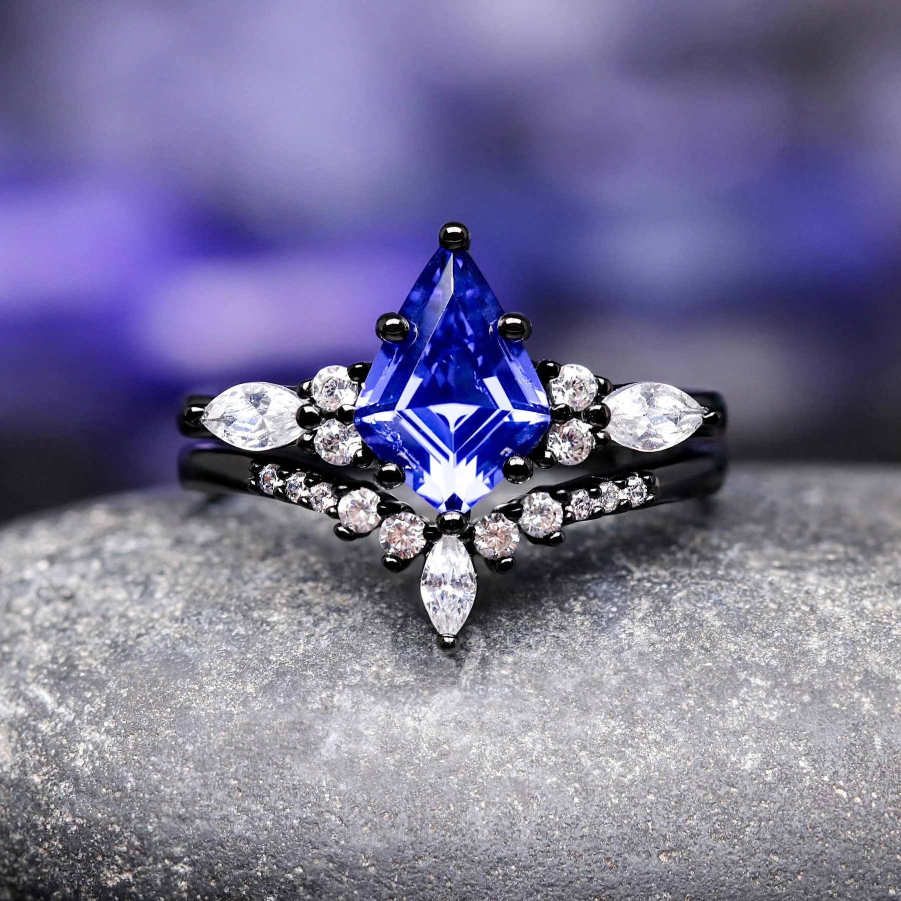 Orion Nebula Ring Set, His and Hers Wedding Band, Sapphire, Black Gold Filled Ring, Outer Space Couples Ring Set, Tungsten and 925 Silver - view 2
