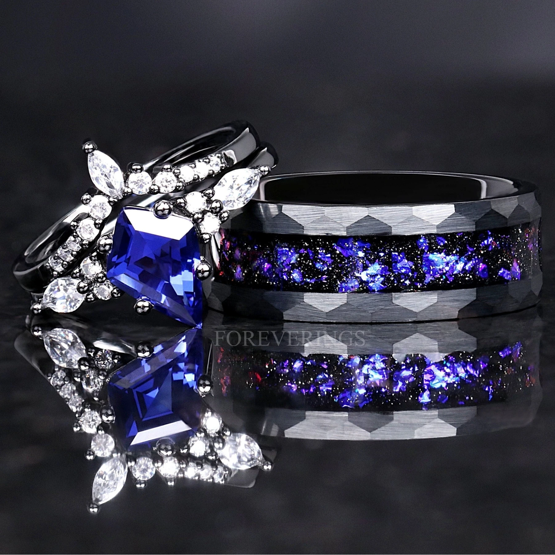 Orion Nebula Ring Set, His and Hers Wedding Band, Sapphire