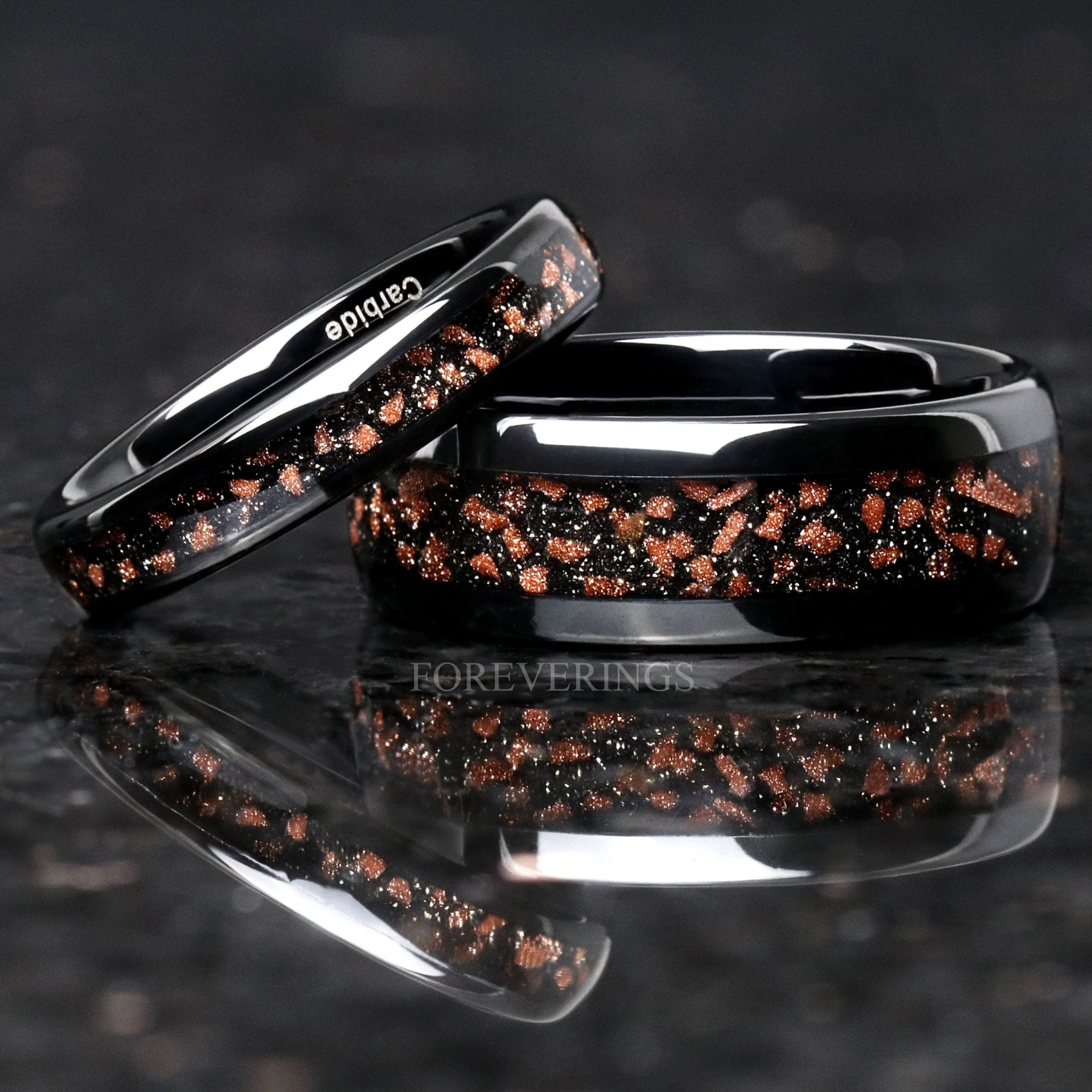 Red Goldstone Nebula Ring Set, His and Her Tungsten Wedding Band