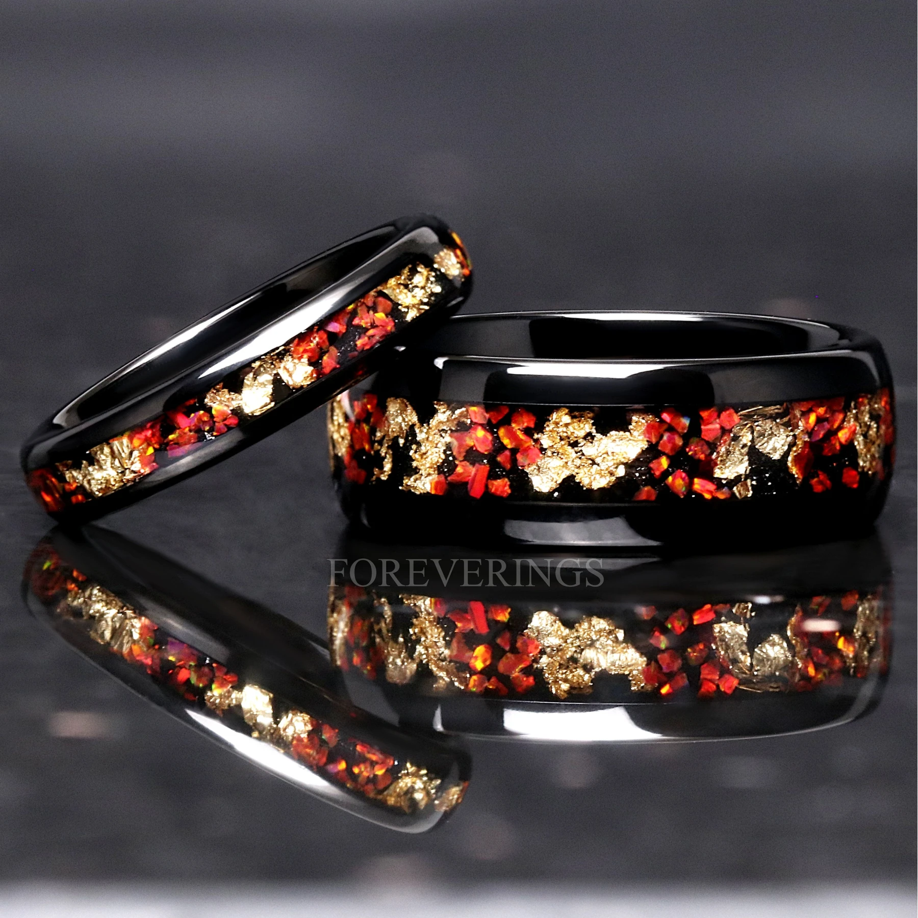Red Opal and Gold Leaf Ring Set, His and Hers Tungsten Wedding Band