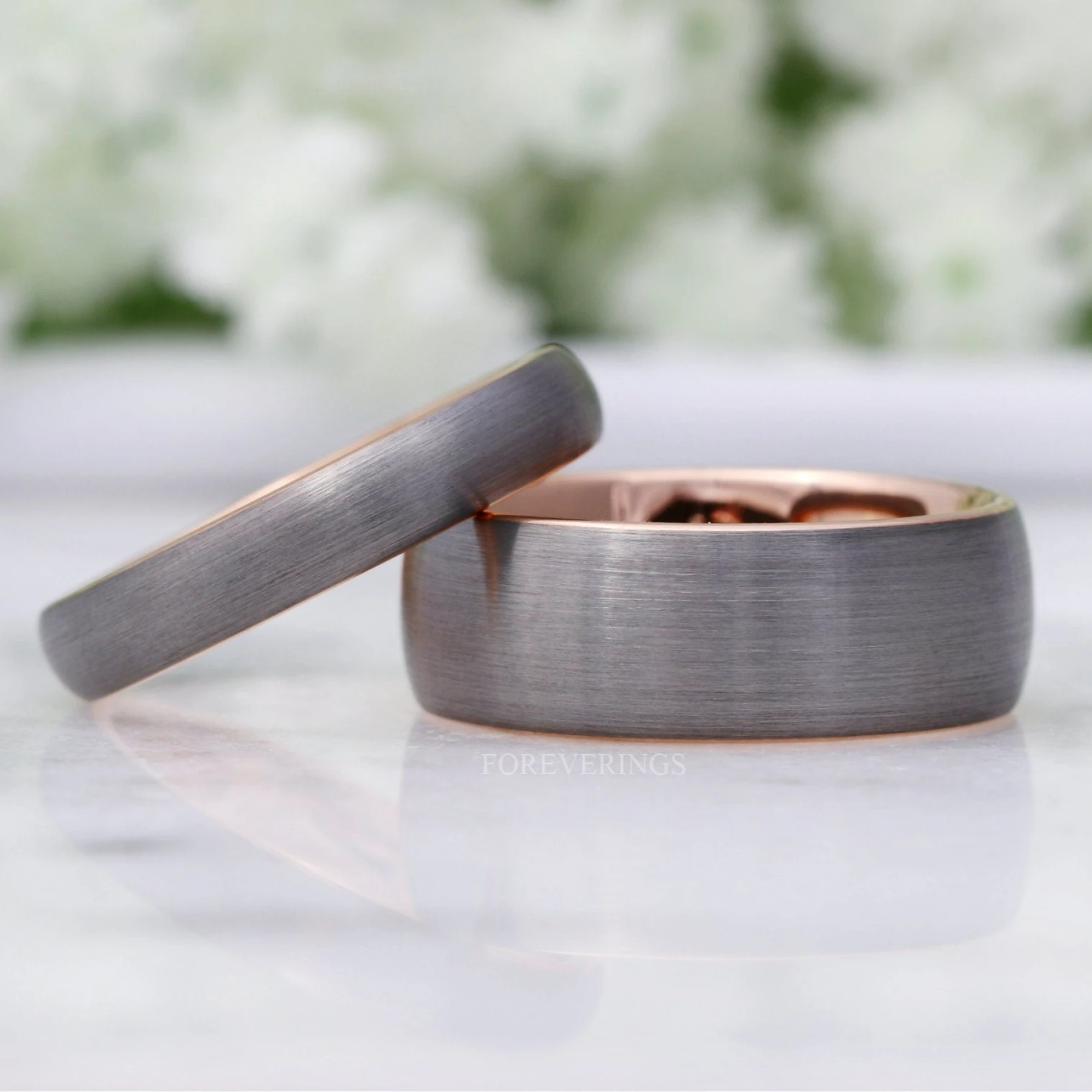 Tungsten Wedding Band Set, His and Hers Rings, 8mm / 4mm Band