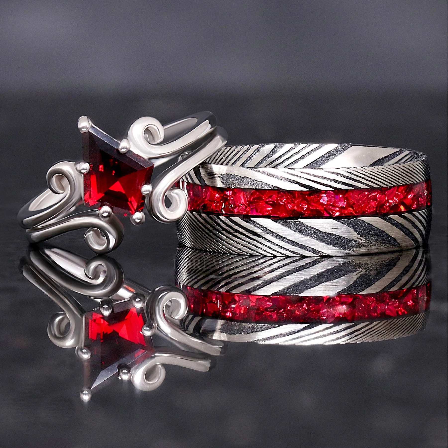 Twirl Natural Garnet Damascus Ring Set, His Her Wedding Band