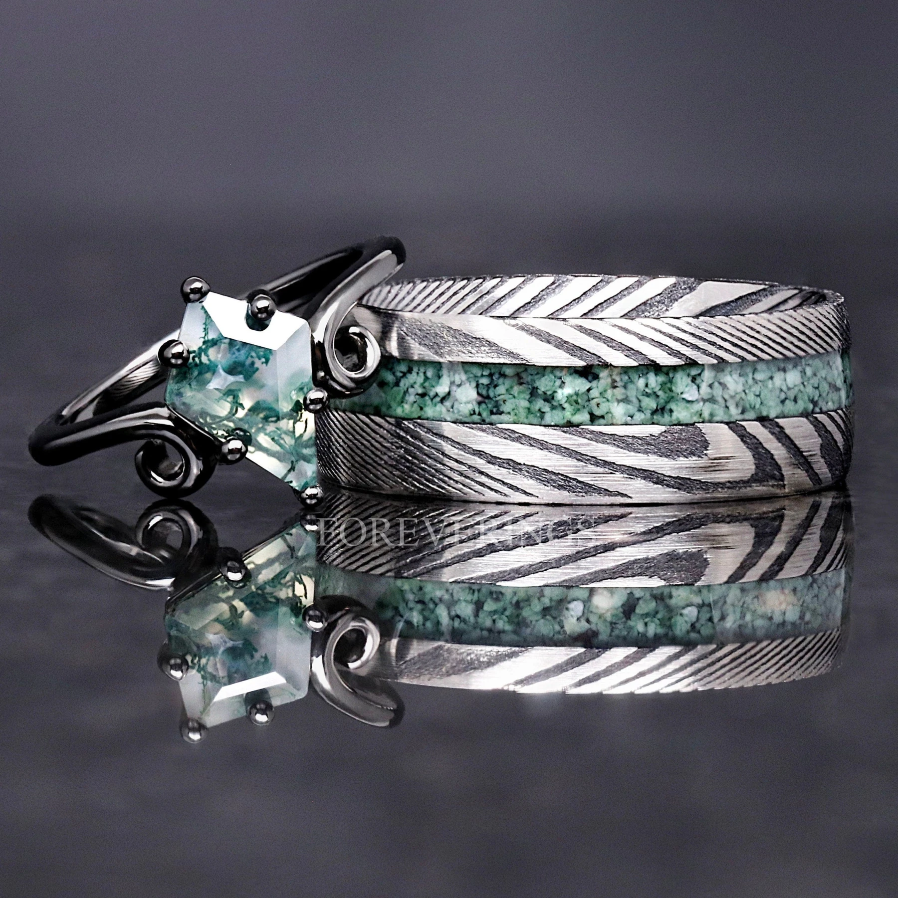 Twirl Natural Green Moss Agate Ring Set, His and Hers Wedding Band, Black Ring Set