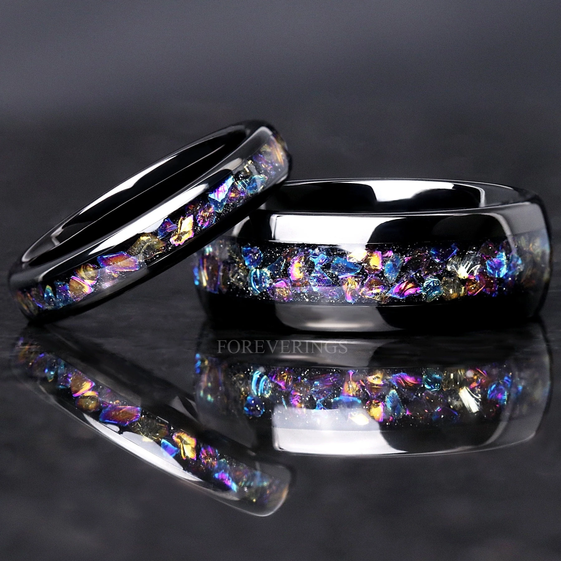 Veil Nebula Ring Set, His and Her Tungsten Wedding Band, 8mm & 4mm Black Ring