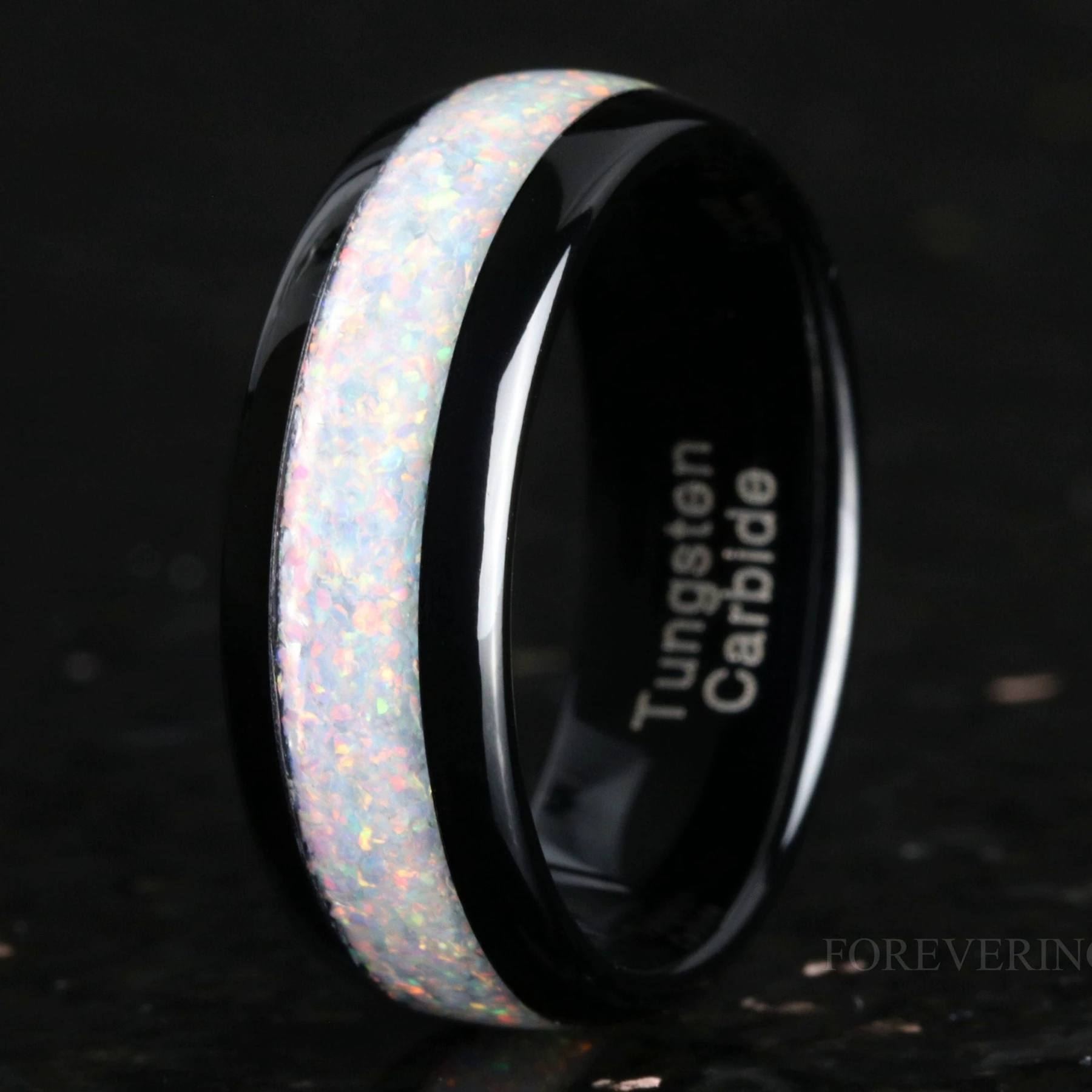 White Fire Opal Mens Wedding Band | 8mm Domed Black Tungsten