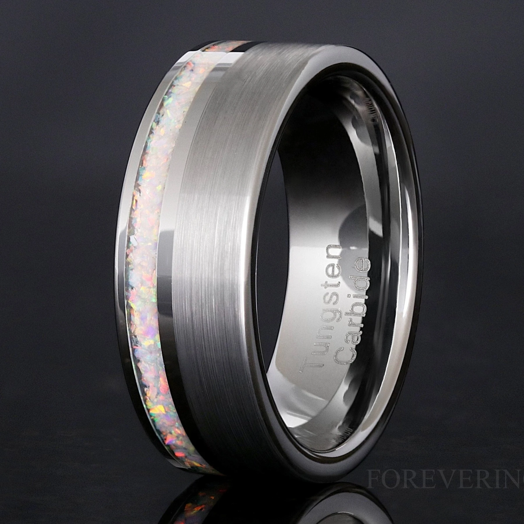 Mens White Fire Opal Ring | 8mm Brushed Silver Tungsten Band