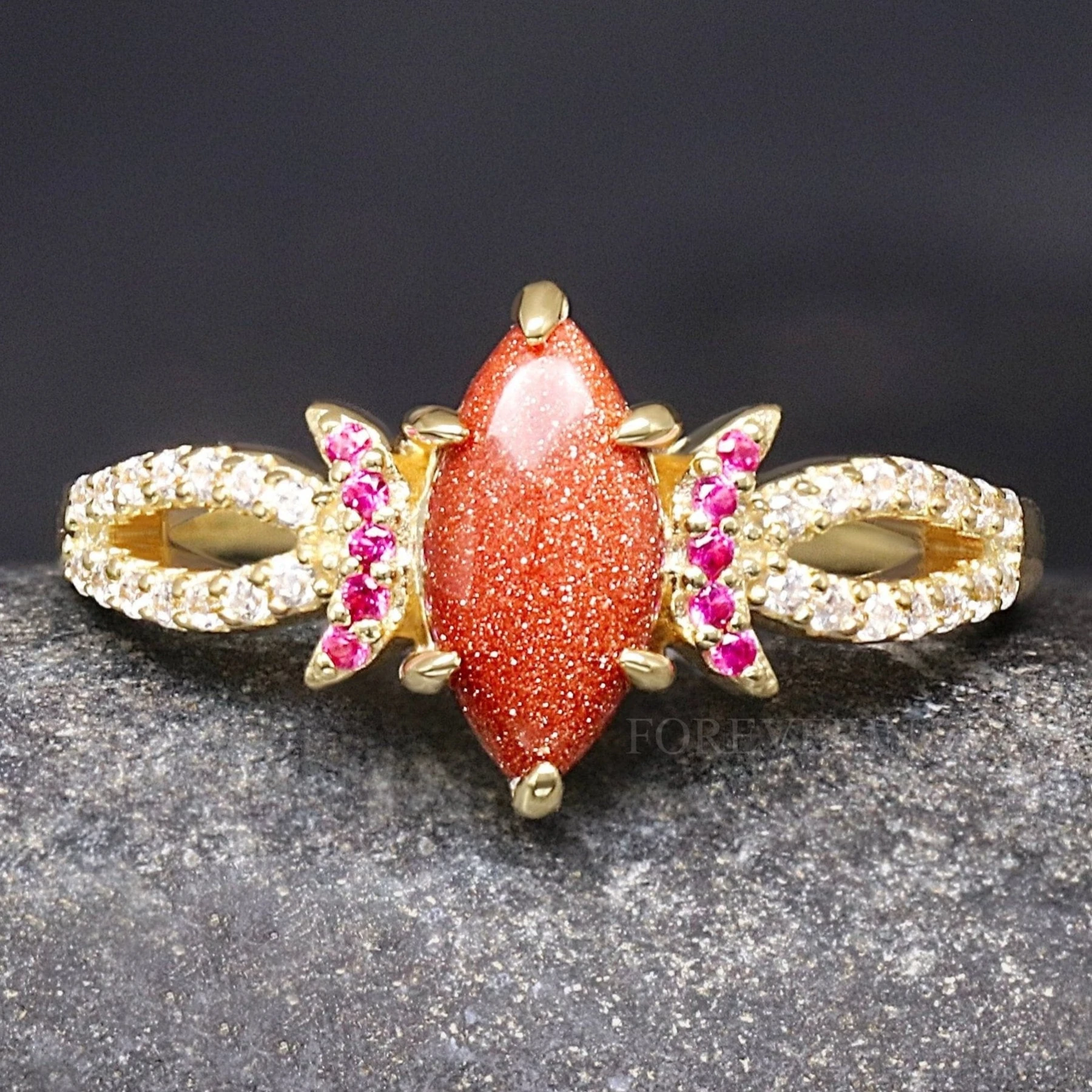 Gold Sandstone Engagement Ring, Women Wedding Ring, 925 Sterling Silver