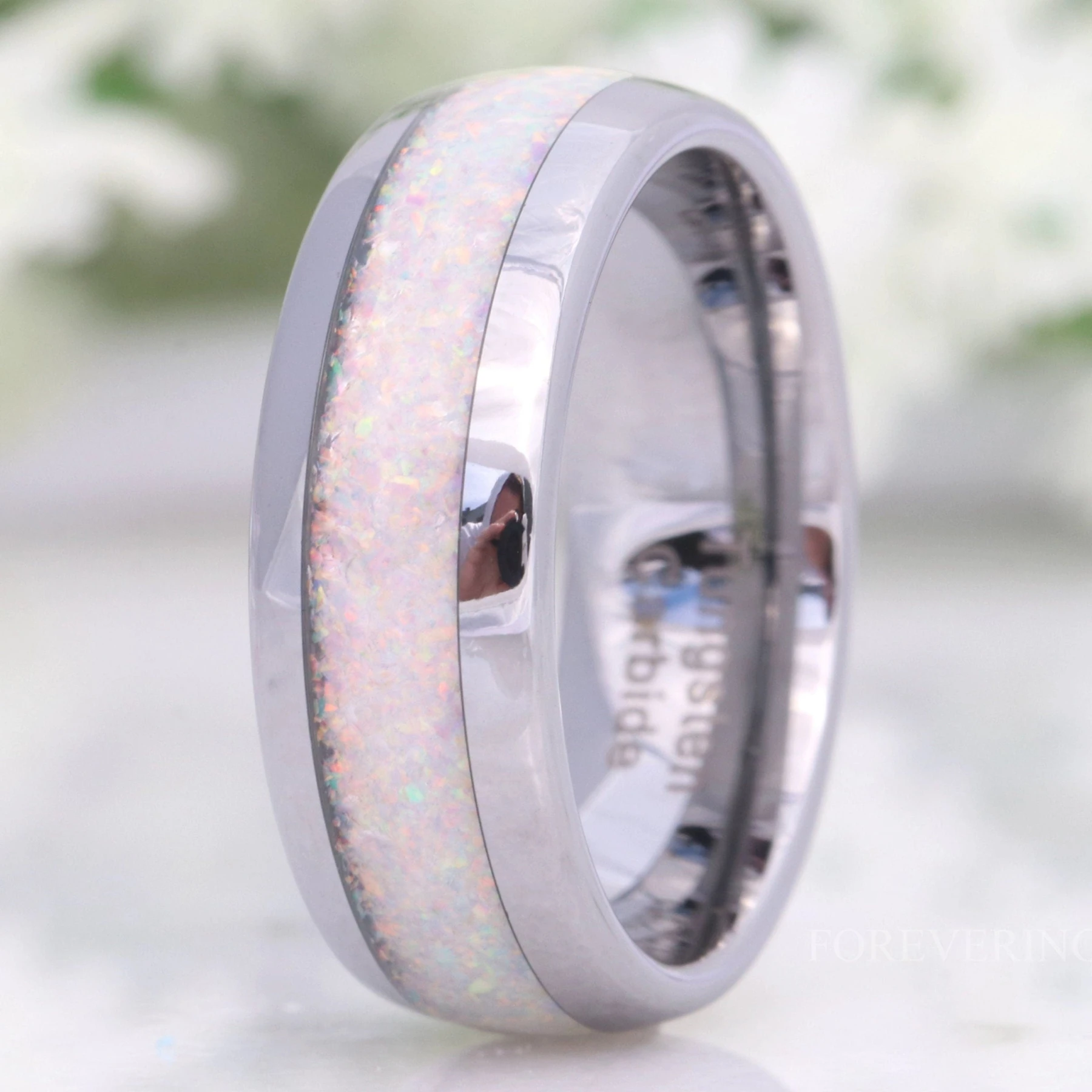 Mens White Fire Opal Ring | 8mm Crushed Opal Silver Tungsten Band