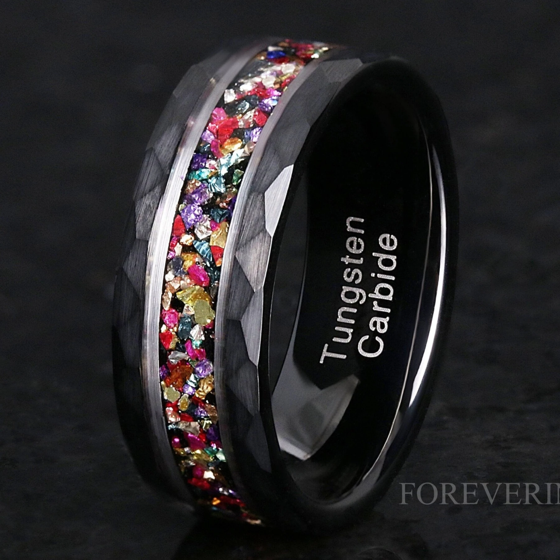 Hammered Ring Man, Black Tungsten Wedding Band, Two Tone Ring