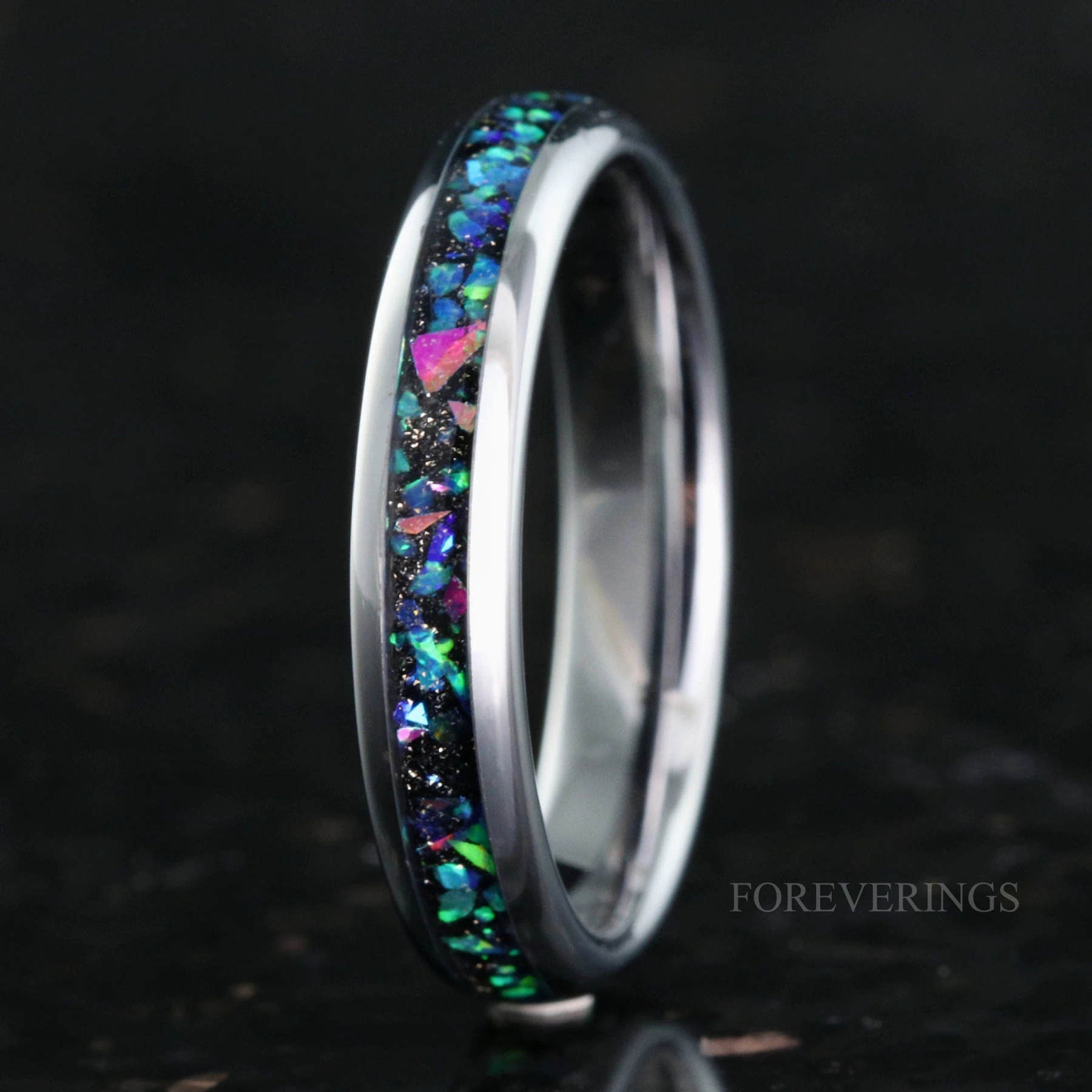 Galaxy Opal Ring for Women | 4mm Celestial Silver Tungsten Band