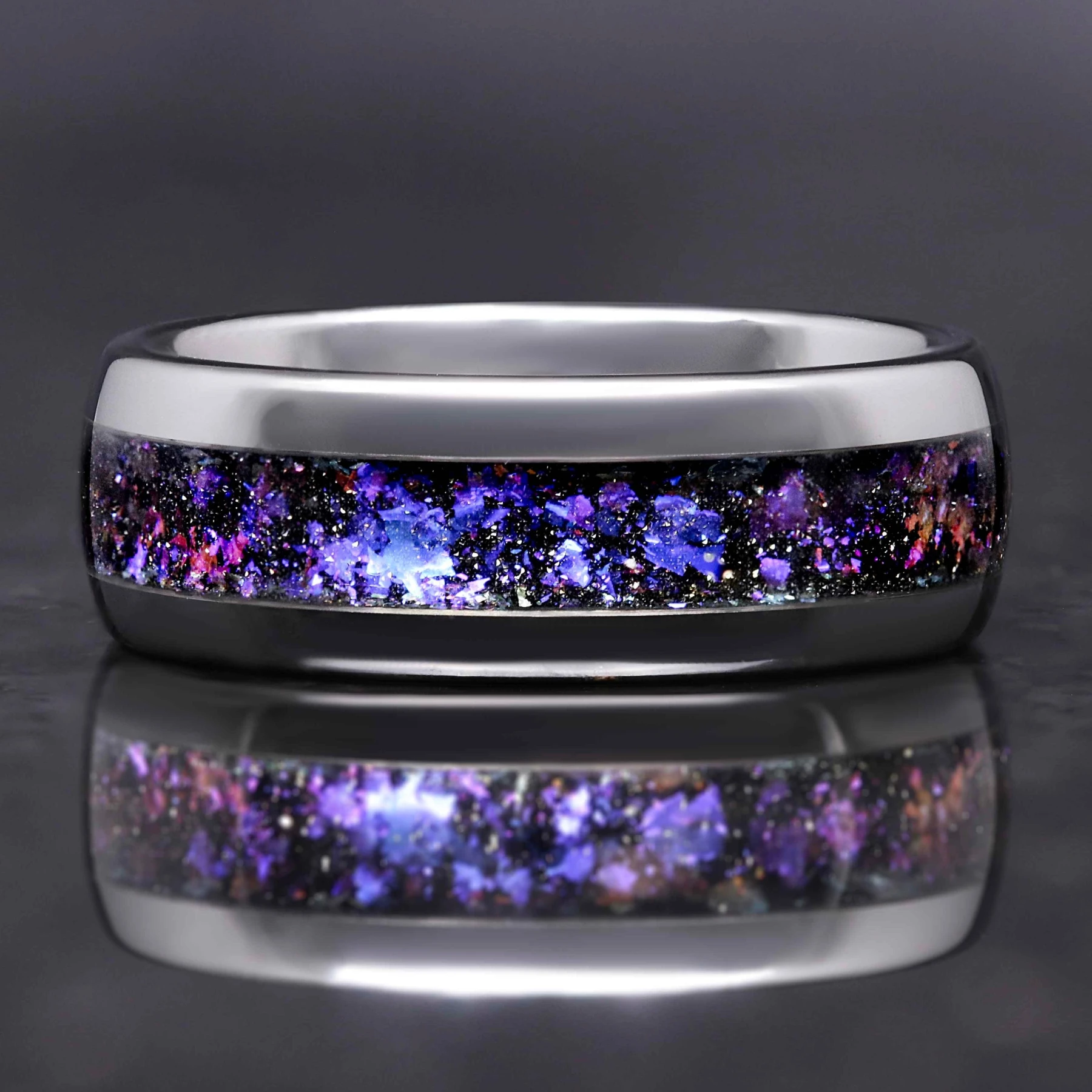 Orion Nebula Ring, 8mm-6mm-4mm Silver Tungsten Wedding Band, Outer Space Ring