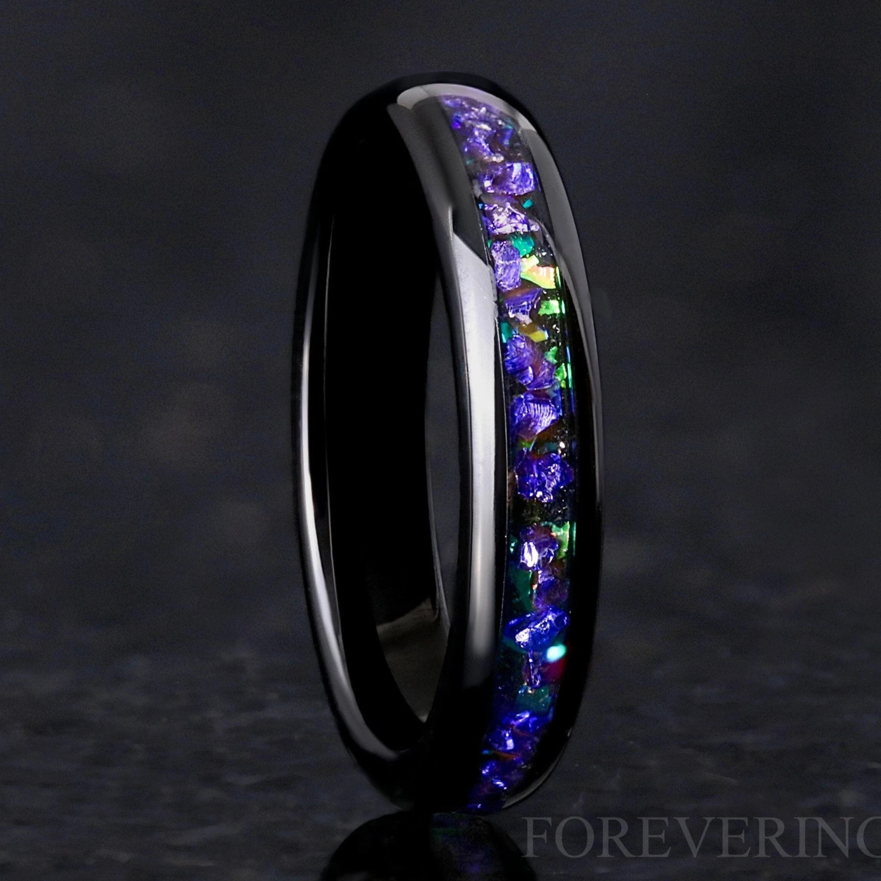 Ghost Nebula Ring, Black 4mm Wedding Band, Sapphire Gemstone