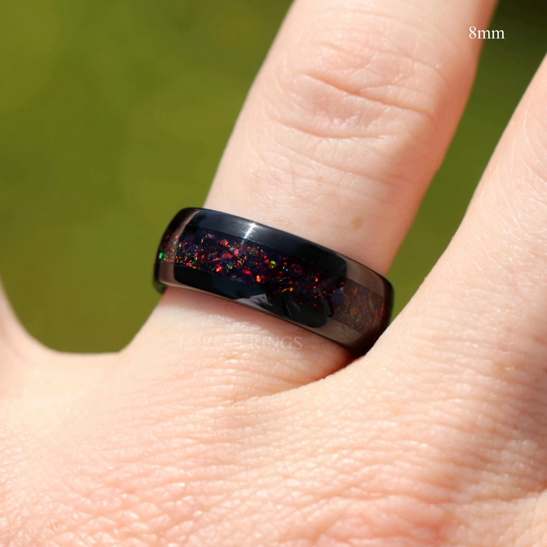 Black Fire Opal Wedding Band | Domed Tungsten Ring - view 2
