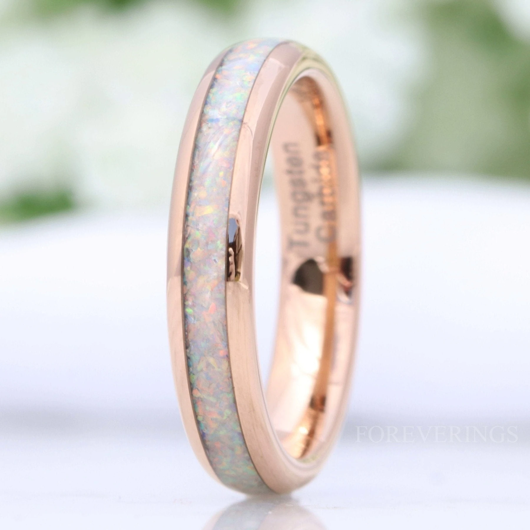 Crushed White Fire Opal Band, Rose Gold Wedding Band, Rose Gold Tungsten Ring