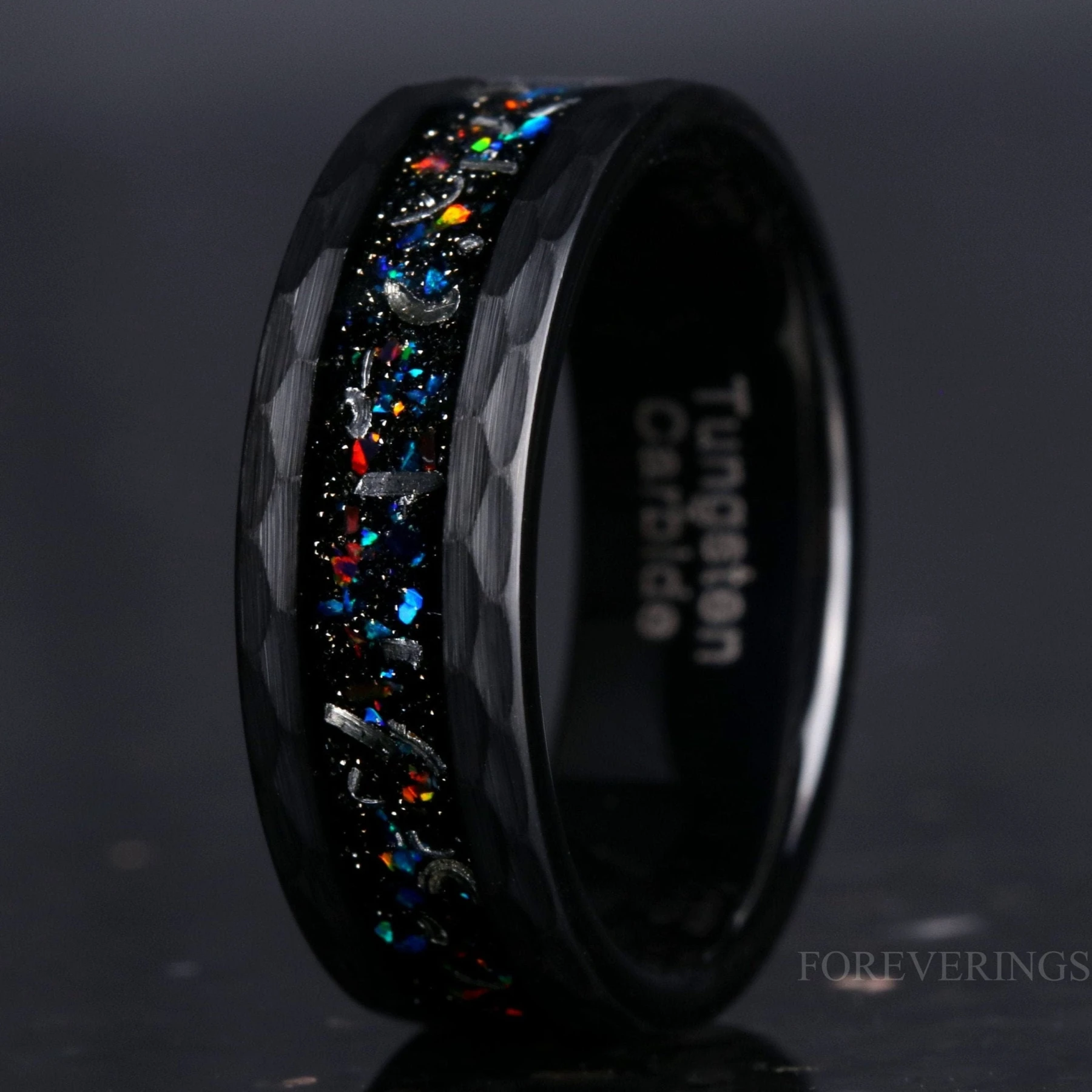 Meteorite Galaxy Opal Wedding Band | Hammered Black Tungsten Ring