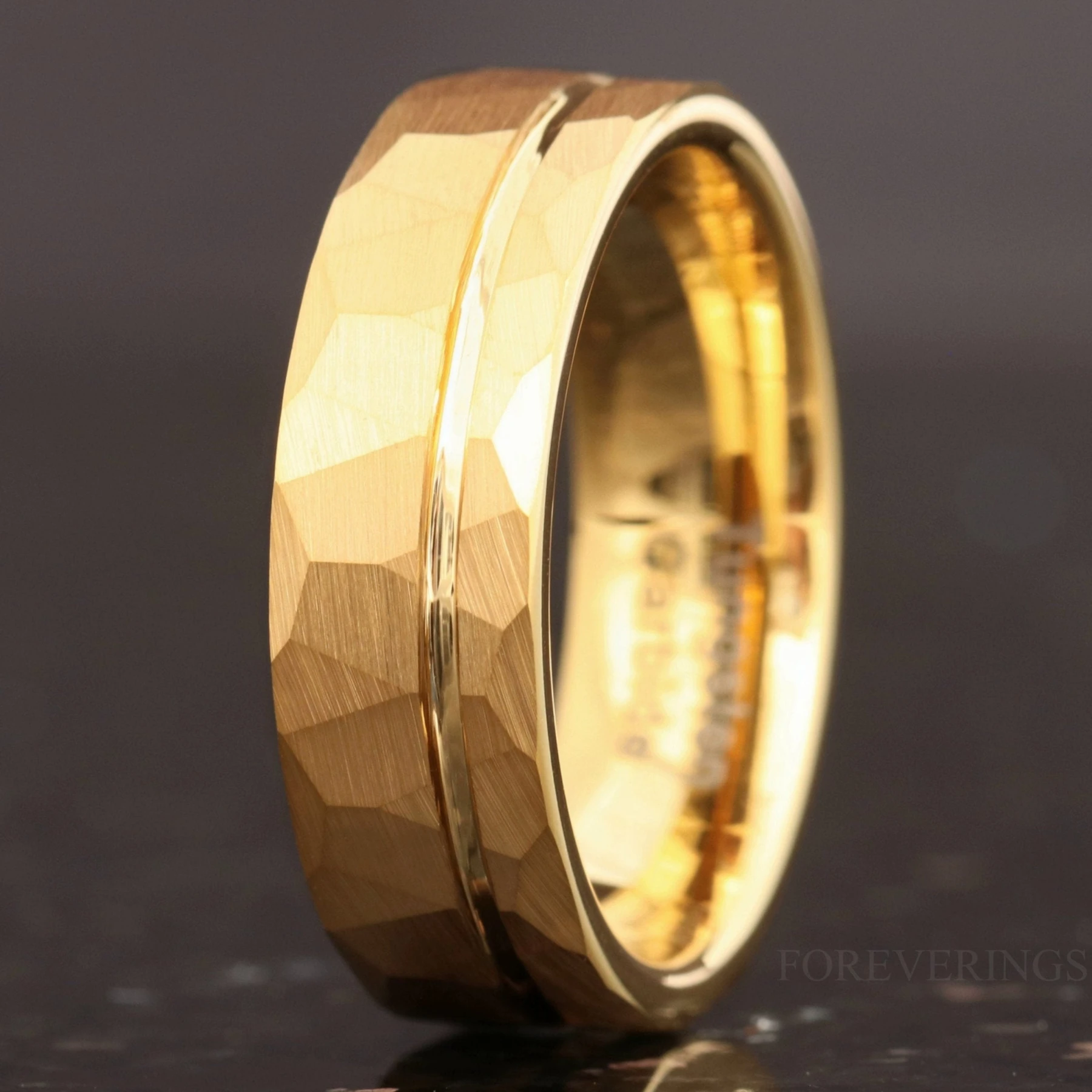 Mens Gold Wedding Band, Hammered Ring, 7mm Gold Tungsten Band