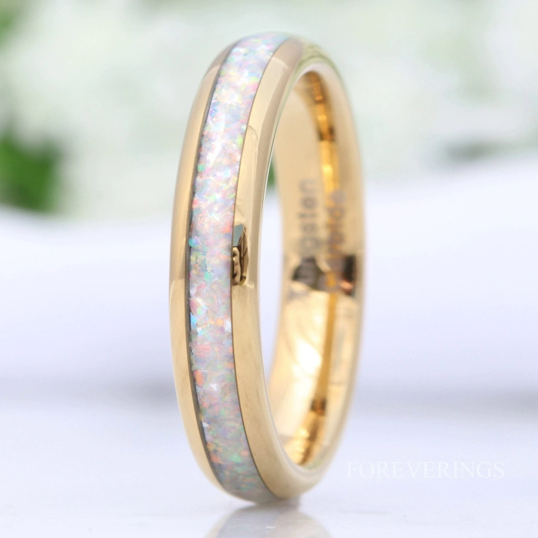 Crushed White Fire Opal Band, Gold Tungsten Wedding Ring, Yellow Gold
