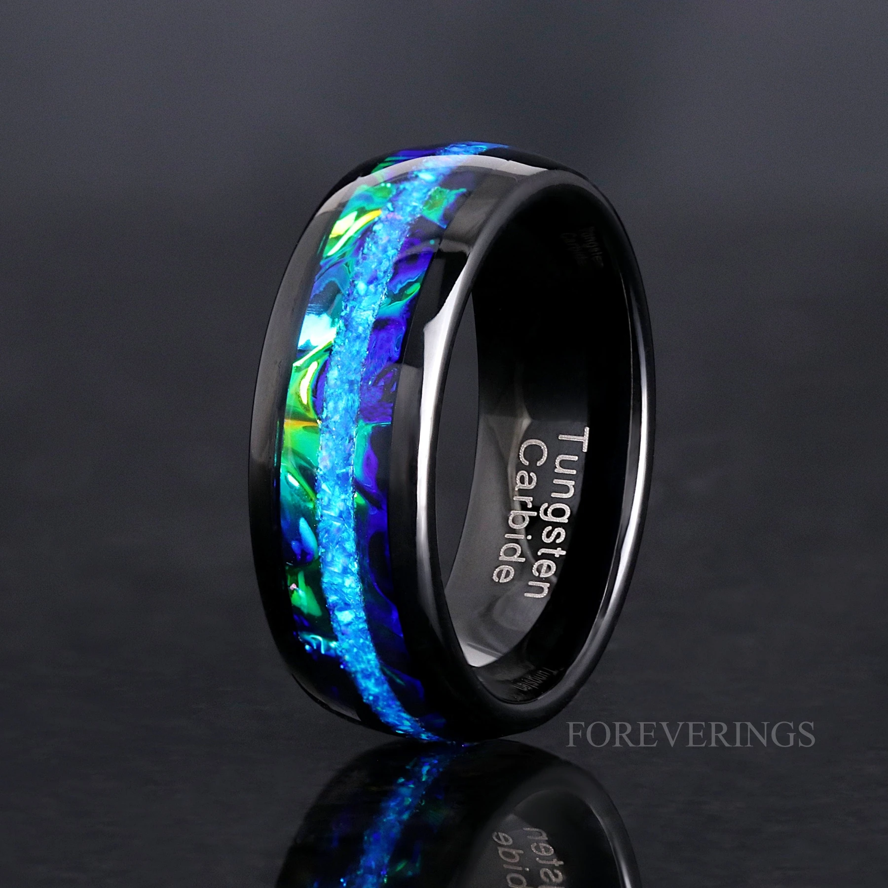 Azure Blue Fire Opal Mens Wedding Band | 8mm Nebula Black Tungsten Ring - view 2
