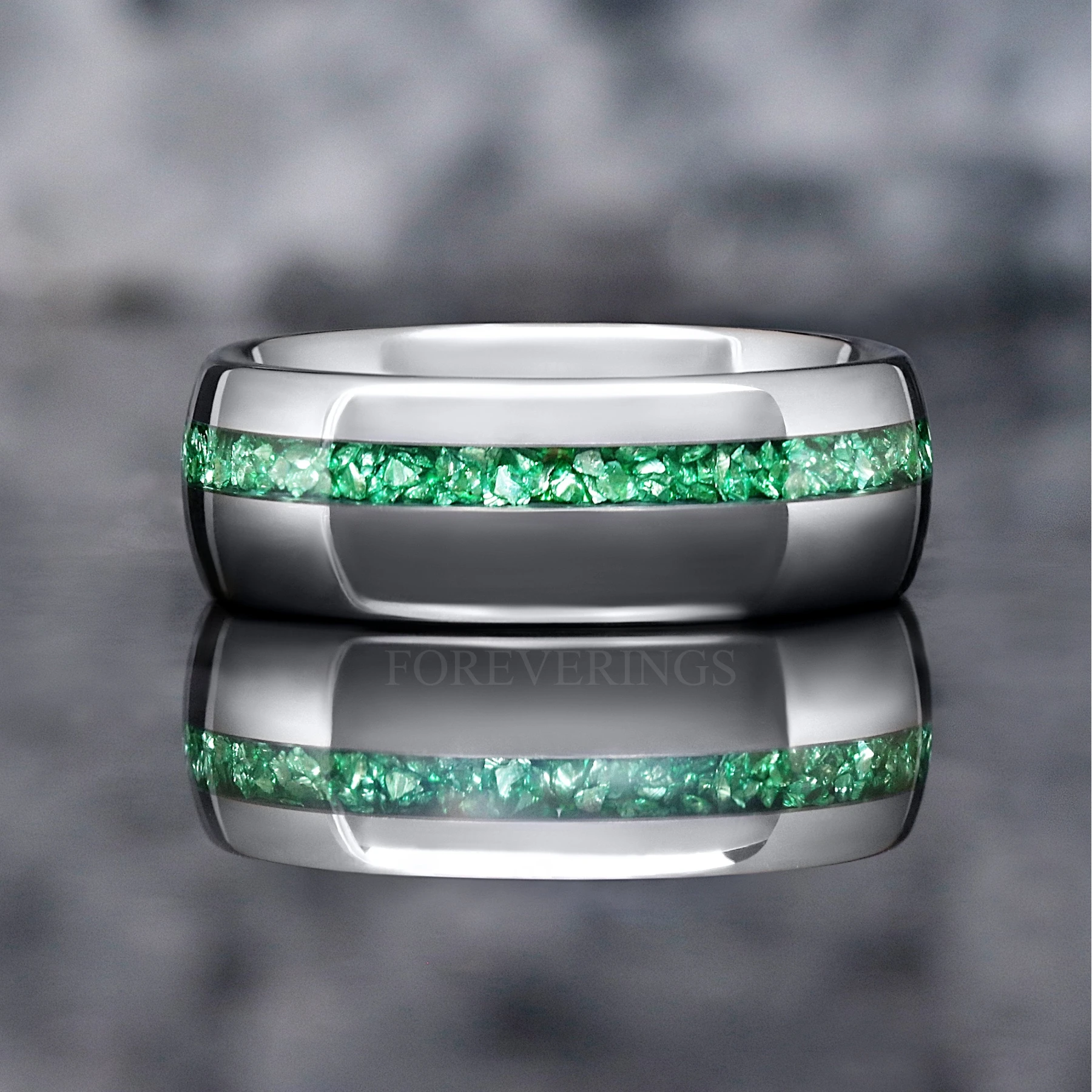 Emerald Mens Wedding Band, Silver Tungsten Ring, 8mm or 6mm Green Gemstone Ring, Dome, Polish, Man Engagement Ring, Unique Promise Ring, Engraving - view 2