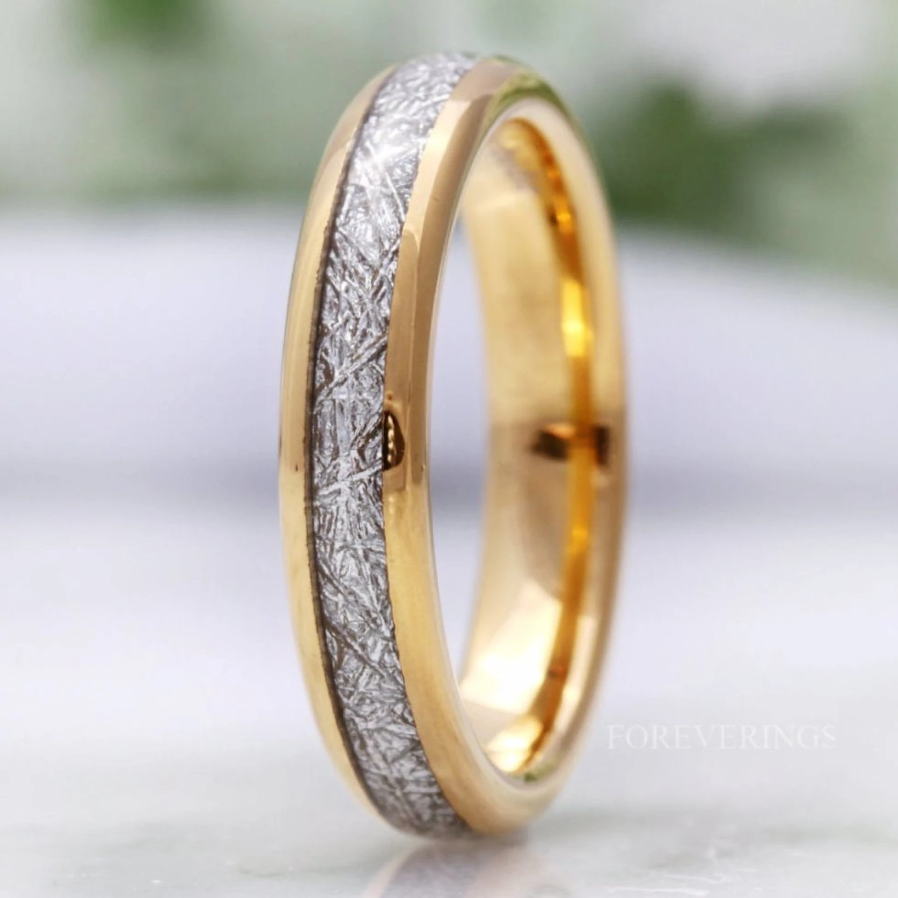 Meteorite Tungsten Wedding Band, 4mm Band, Yellow Gold Plated Ring