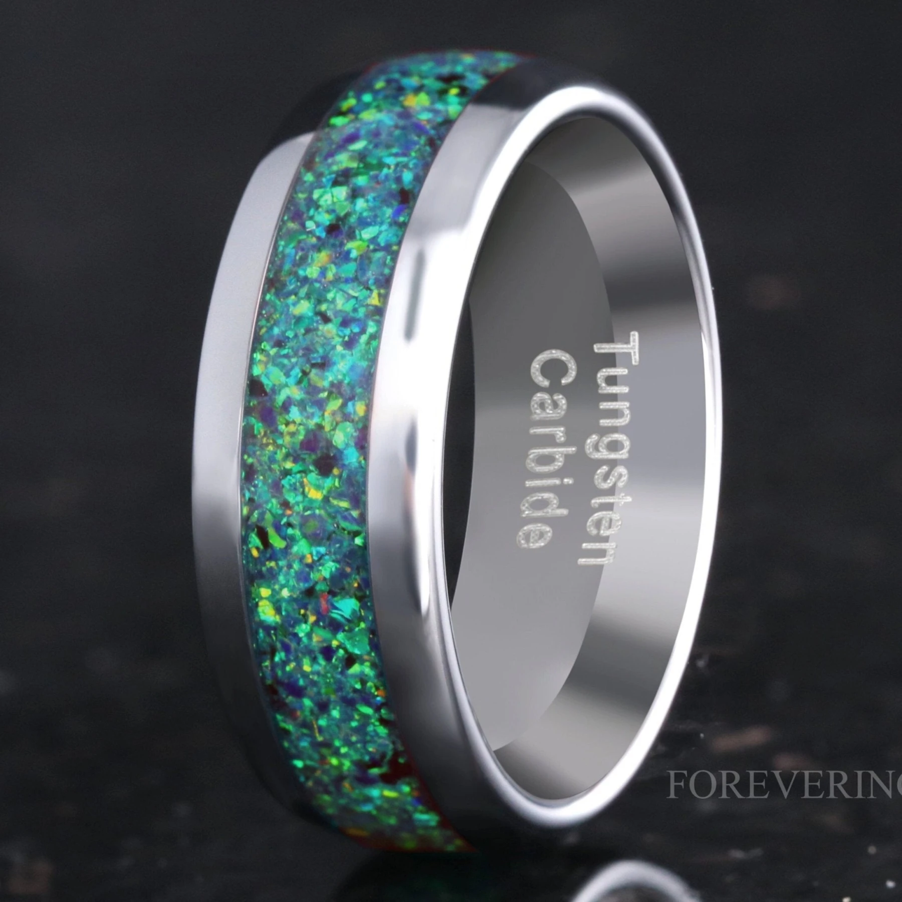 Black & Emerald Opal Mens Wedding Band | 8mm Domed Tungsten Ring