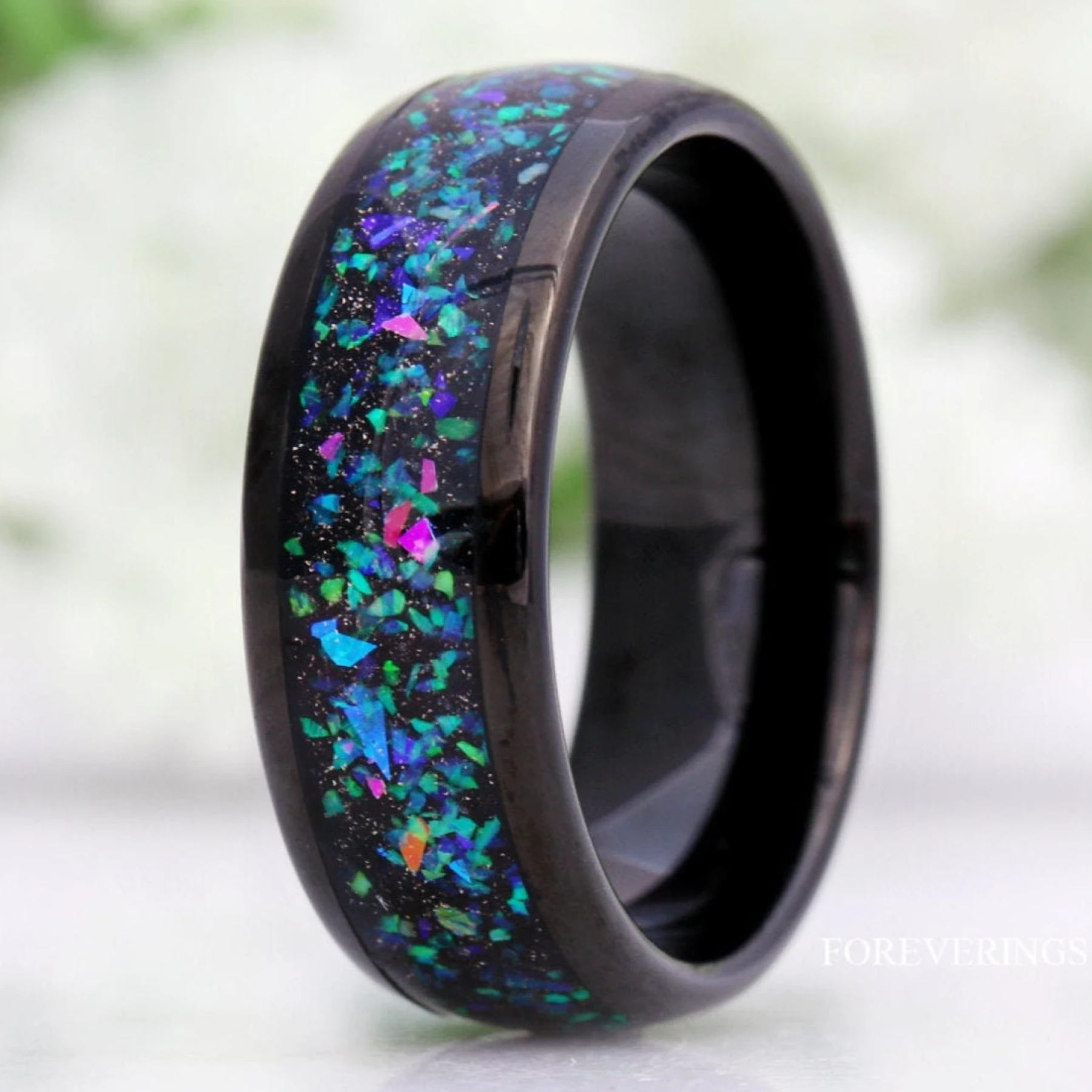 Mens Opal Wedding Band | 8mm Galaxy Black Opal Tungsten Ring