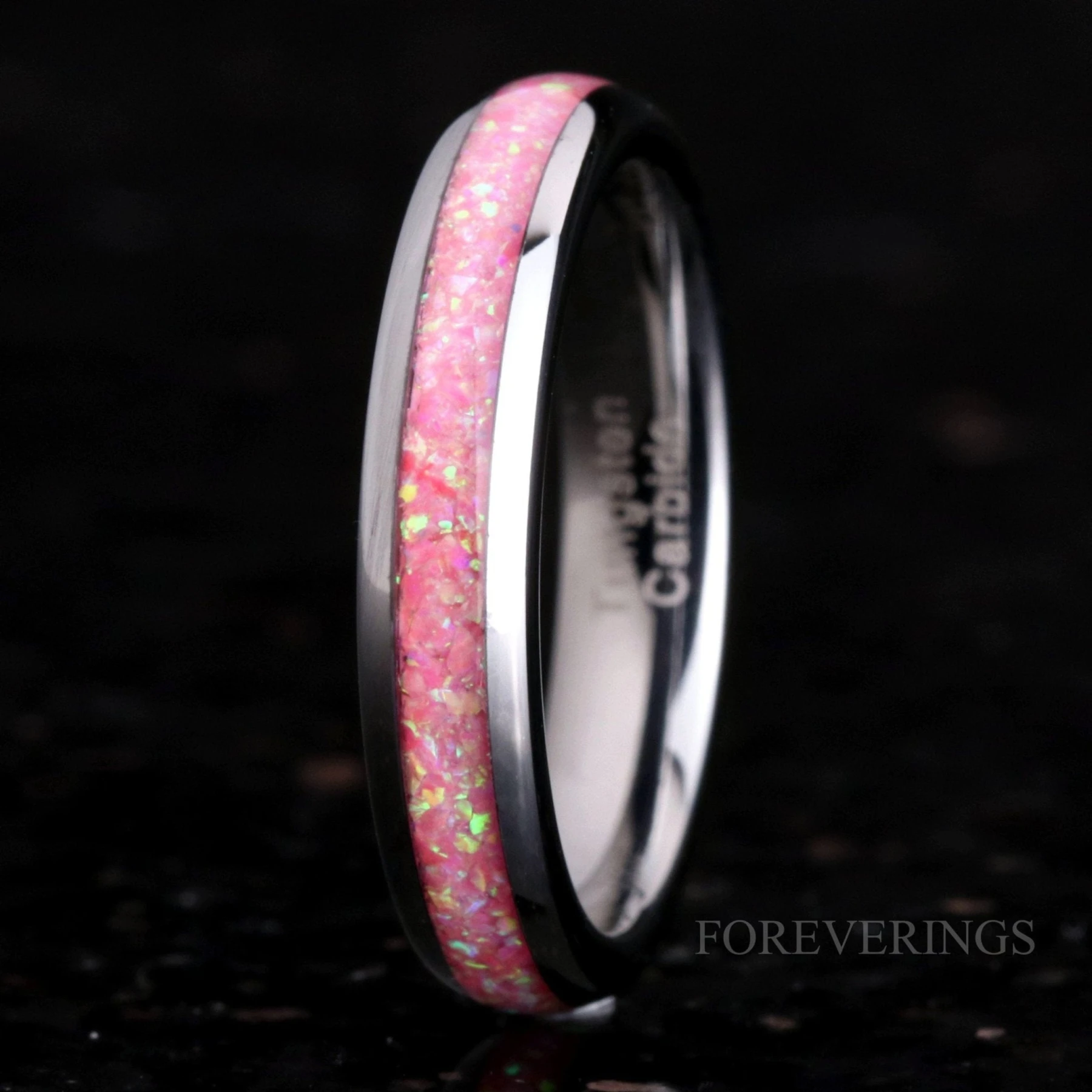 Pink Opal Ring, Woman Tungsten Wedding Band, Pink Fire Opal Band
