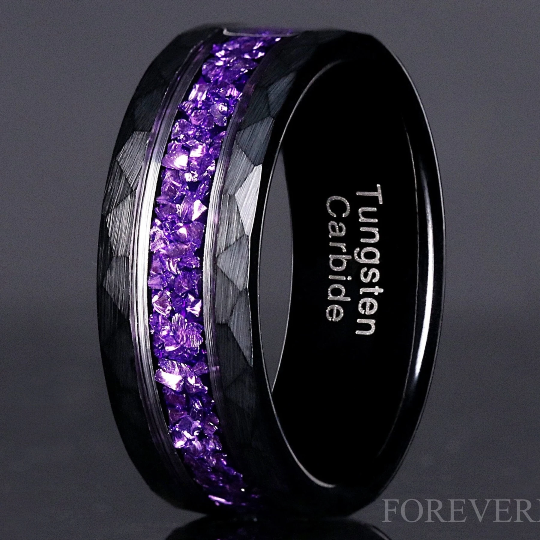Men's Amethyst Ring – Purple & Black Hammered Tungsten Wedding Band, Comfort Fit