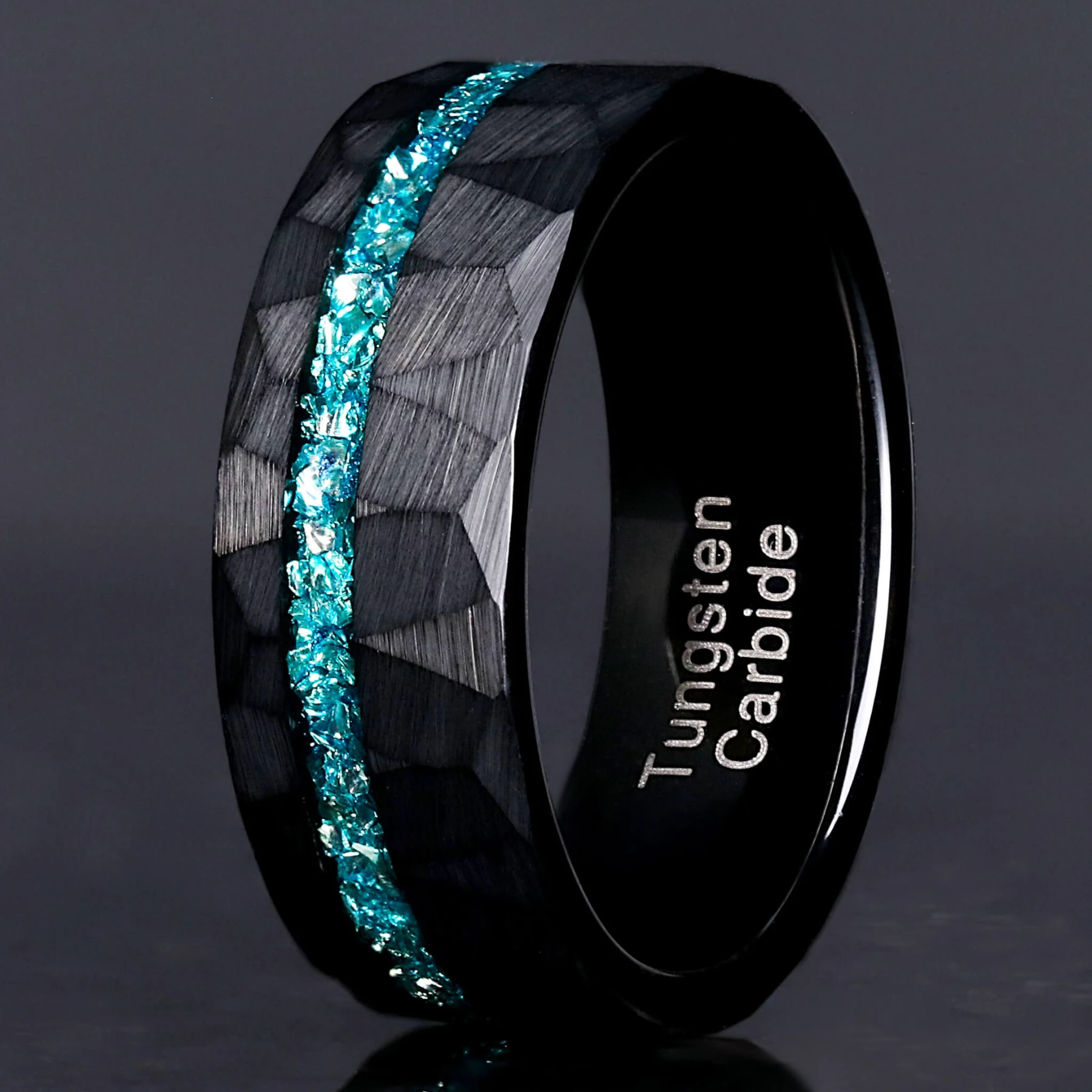 Men's Aquamarine Wedding Band – 8mm Black Hammered Tungsten Ring