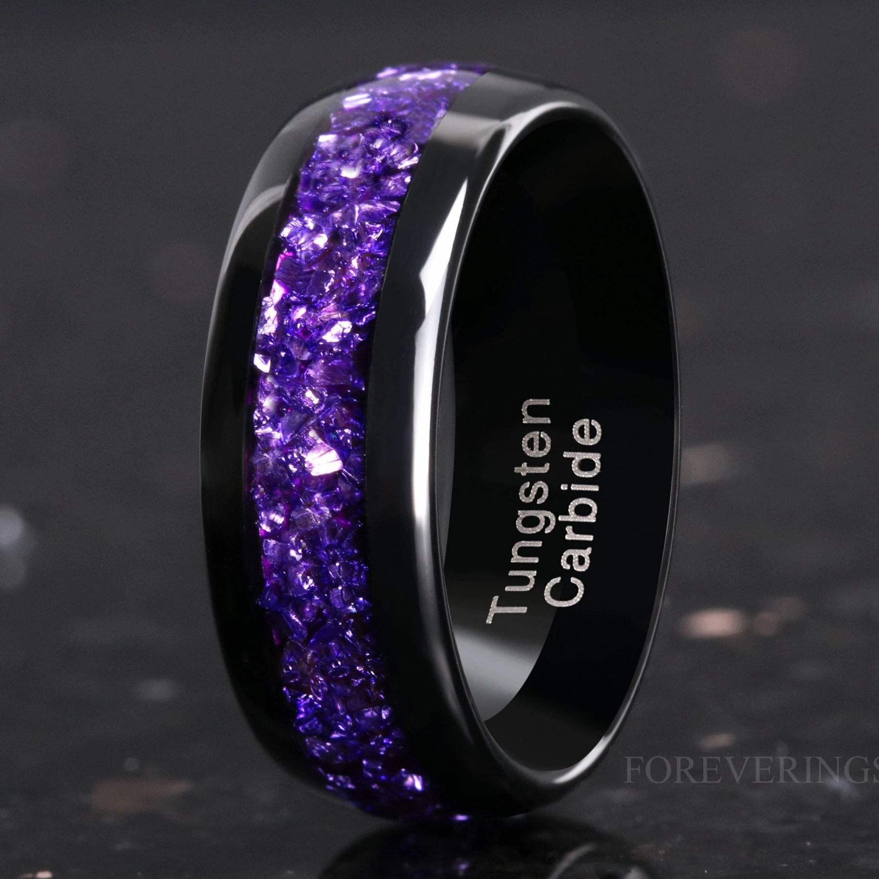Amethyst Wedding Band, Men’s Purple Tungsten Ring, Black Dome Polish Comfort Fit