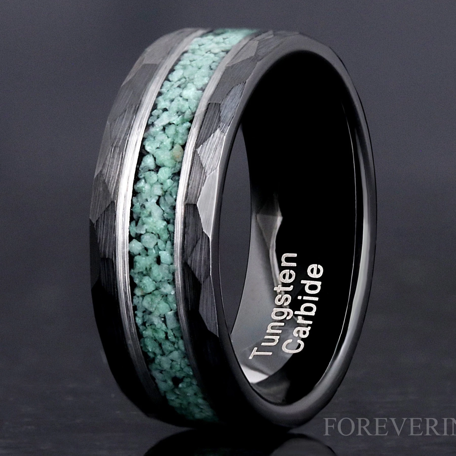 Hammered Green Moss Agate Ring, Mens Wedding Band, 8mm 6mm Tungsten Ring