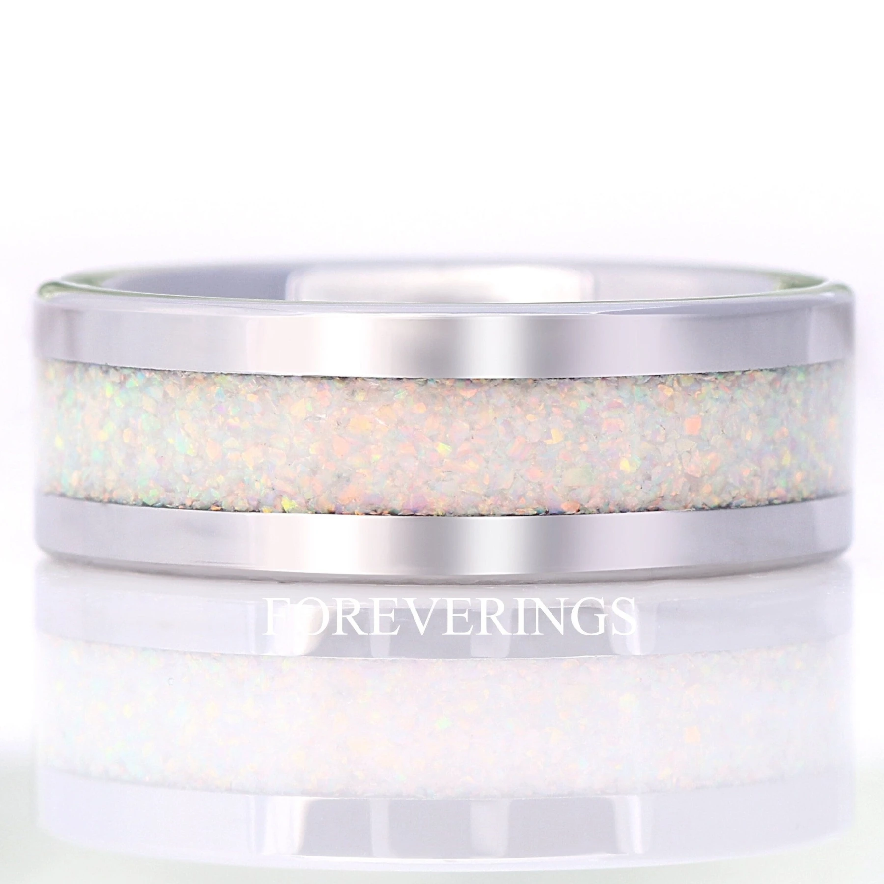 Mens White Opal Wedding Band | 8mm Silver Tungsten Comfort Fit