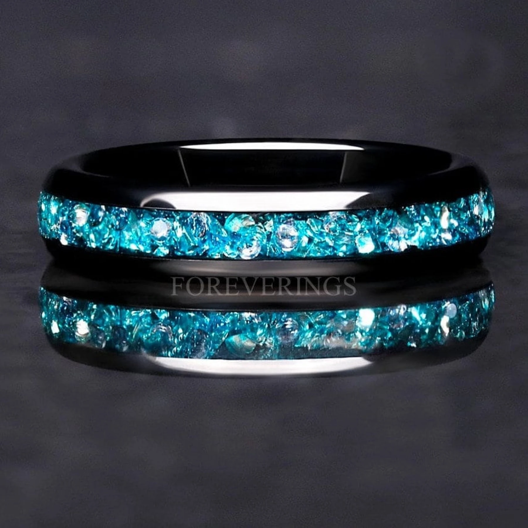 4mm Aquamarine Black Tungsten Wedding Band, Crushed Aquamarine Band