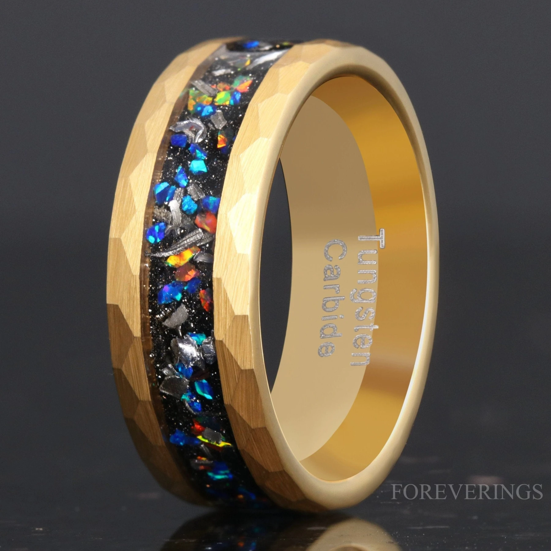 Mens Meteorite Opal Wedding Band | 8mm Yellow Gold Tungsten Ring