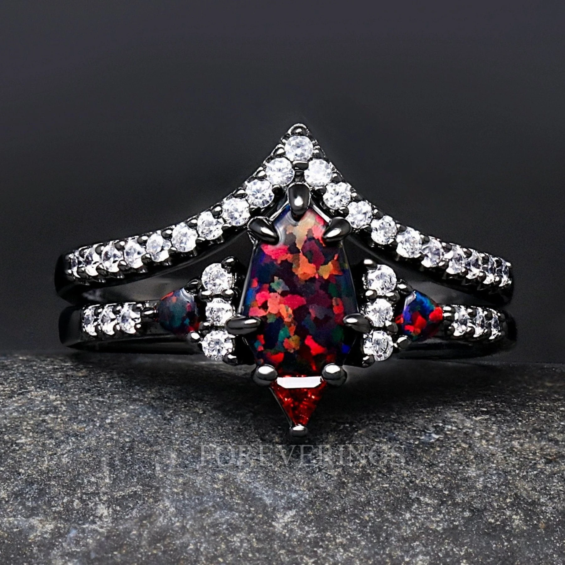 Lumiere Black Fire Opal Ring, Woman Wedding Ring, Black Engagement Ring Set