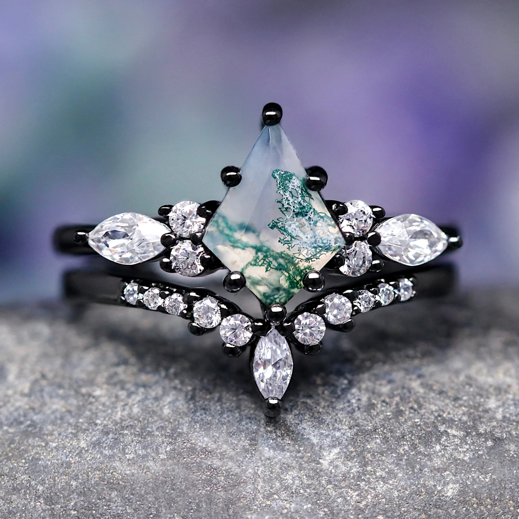 Green Moss Agate Wedding Band, Kite Cut Engagement Ring Set