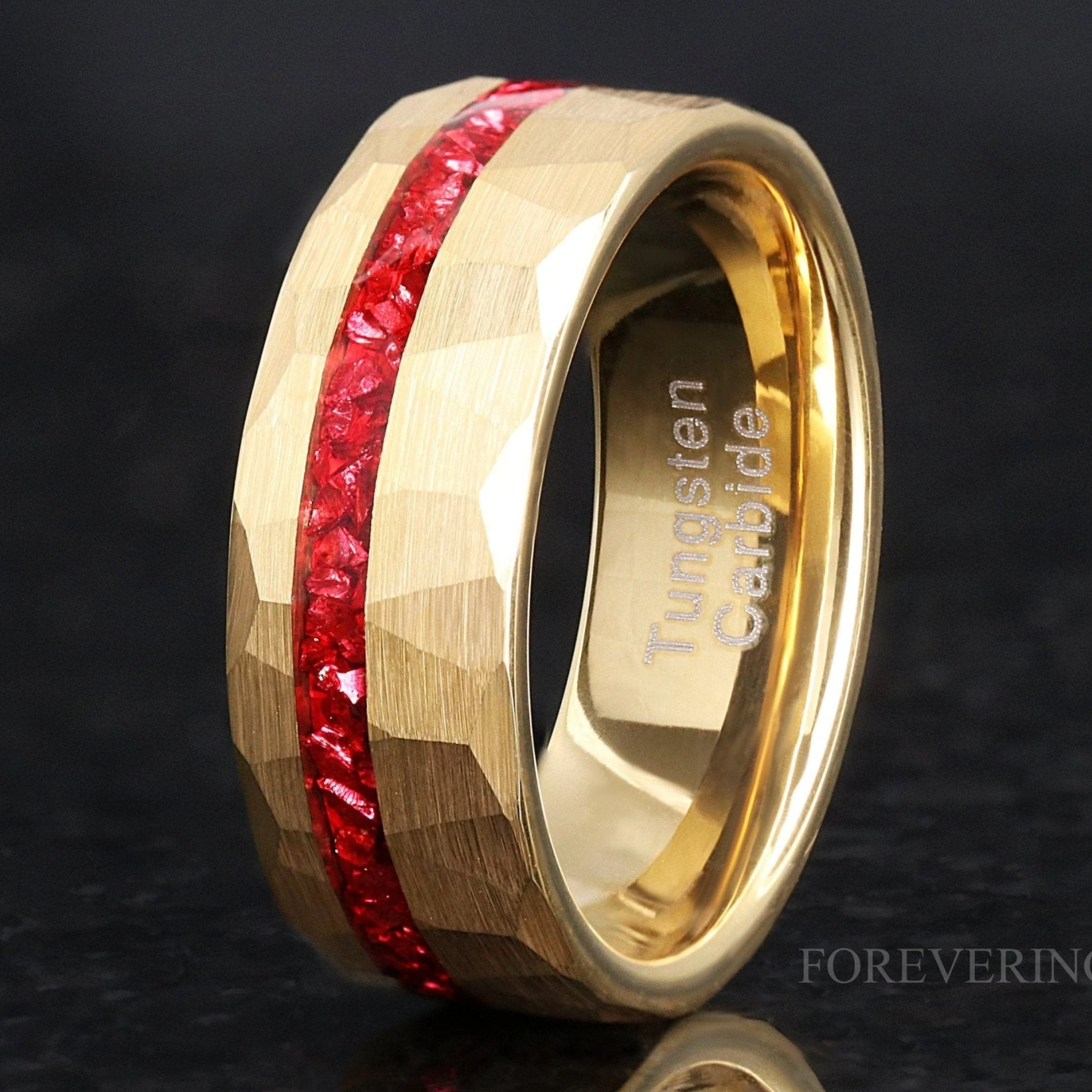 Hammered Gold Ruby Ring, Men Wedding Band, Offset Crush Red German Glass Stones
