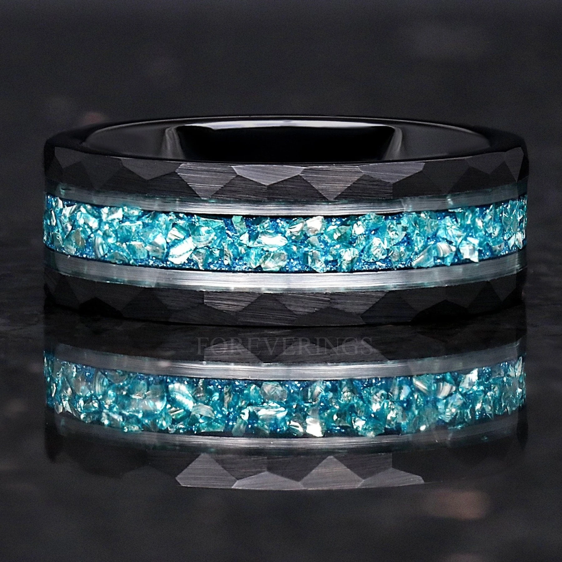 Aquamarine Ring Men, Blue Wedding Band, Hammered Ring