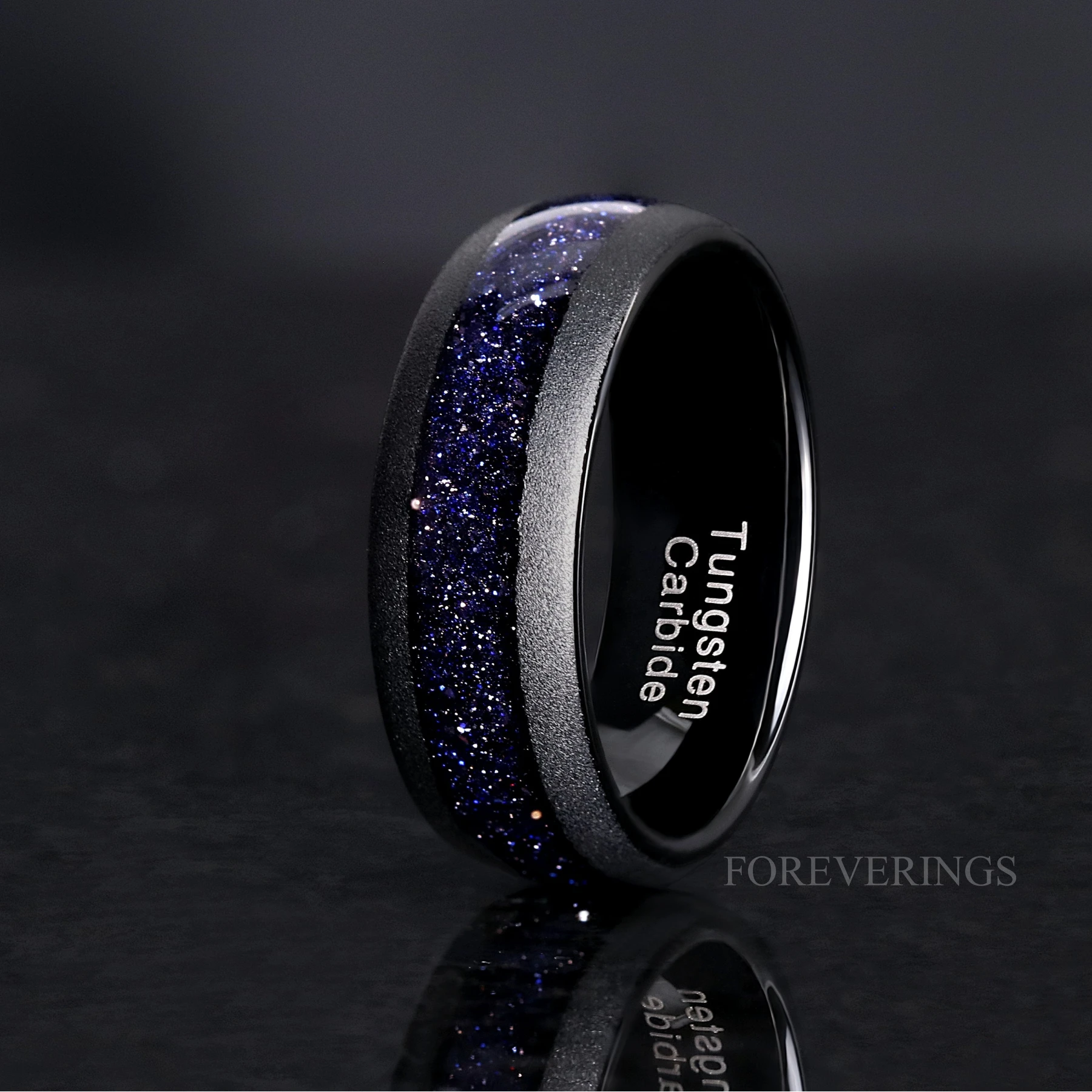 Rift Nebula Ring Men, Starry Night Wedding Band, Personalized, Space Ring, 8mm Black Tungsten Ring, Dome, Sandblast, Blue Sandstone Ring - view 2