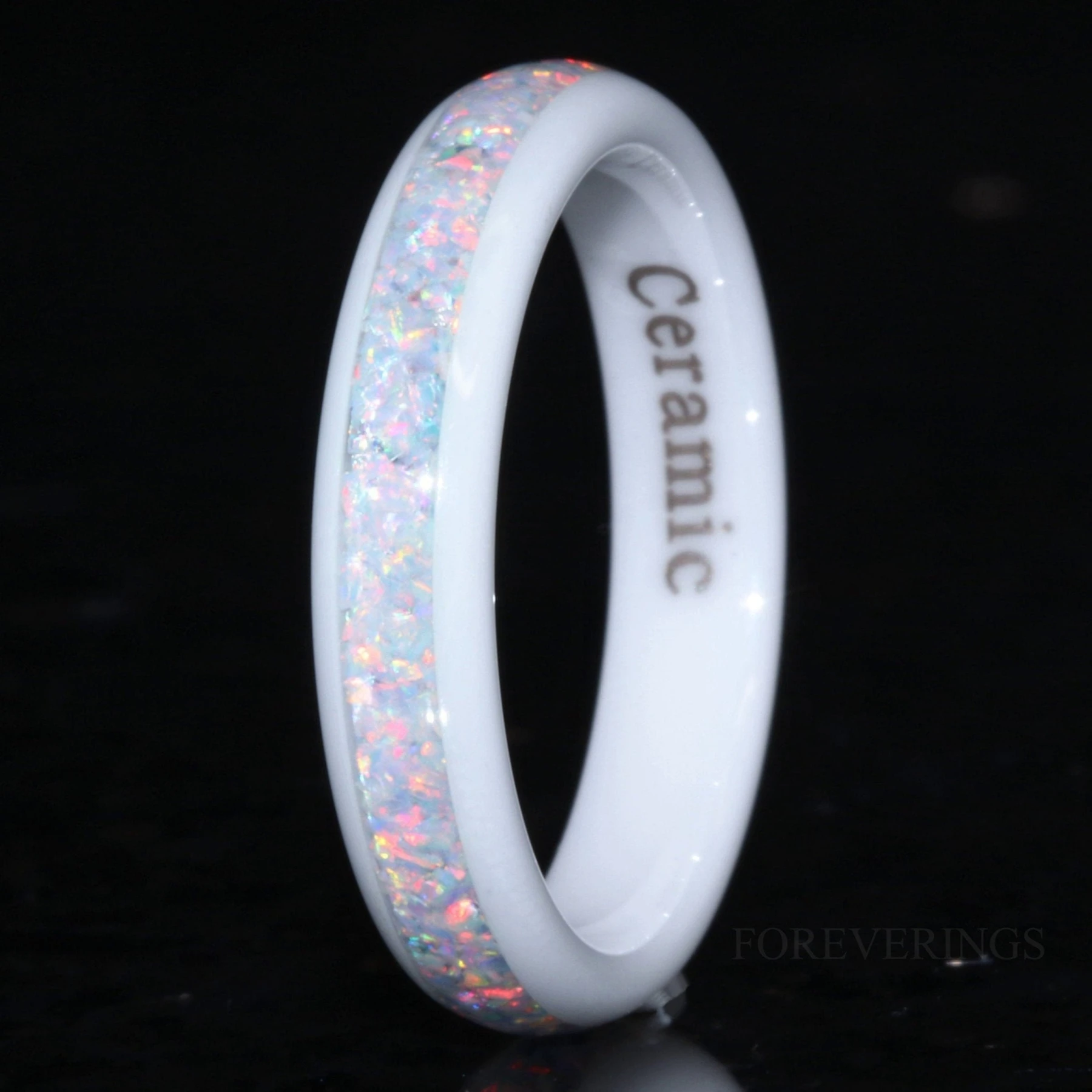 White Ceramic Wedding Band, Crushed White Fire Opal Band, 4mm Ring
