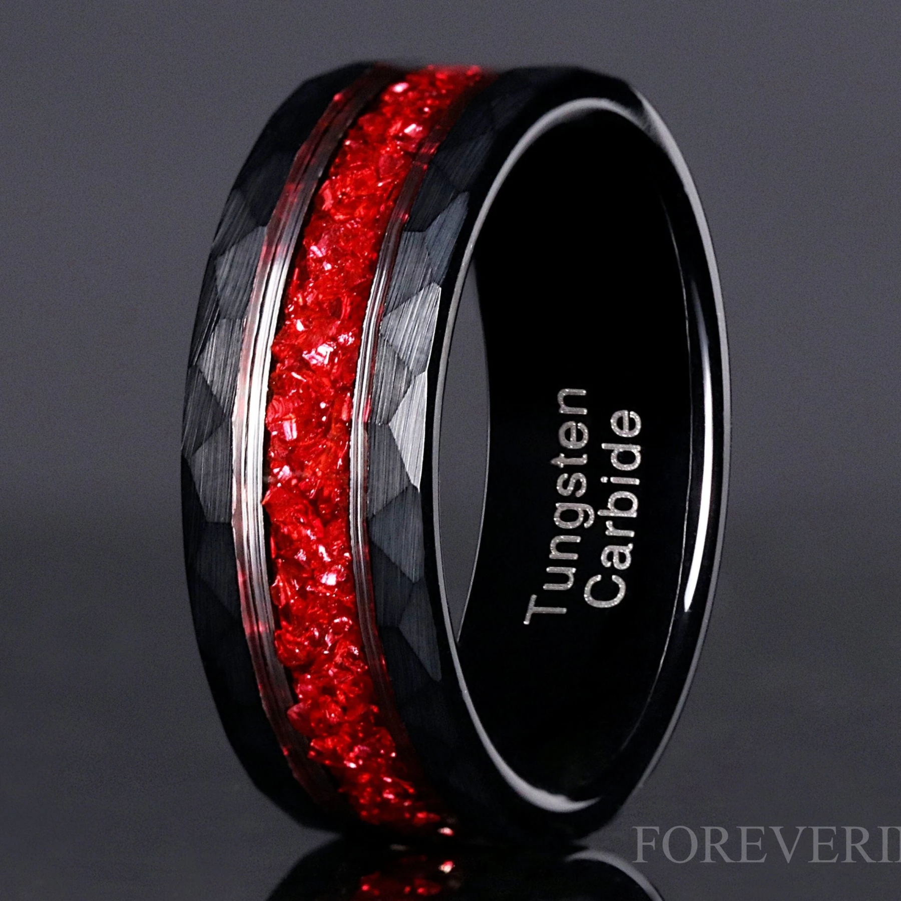 Ruby Red and Black Hammered Mens Ring, 8mm Tungsten Wedding Band