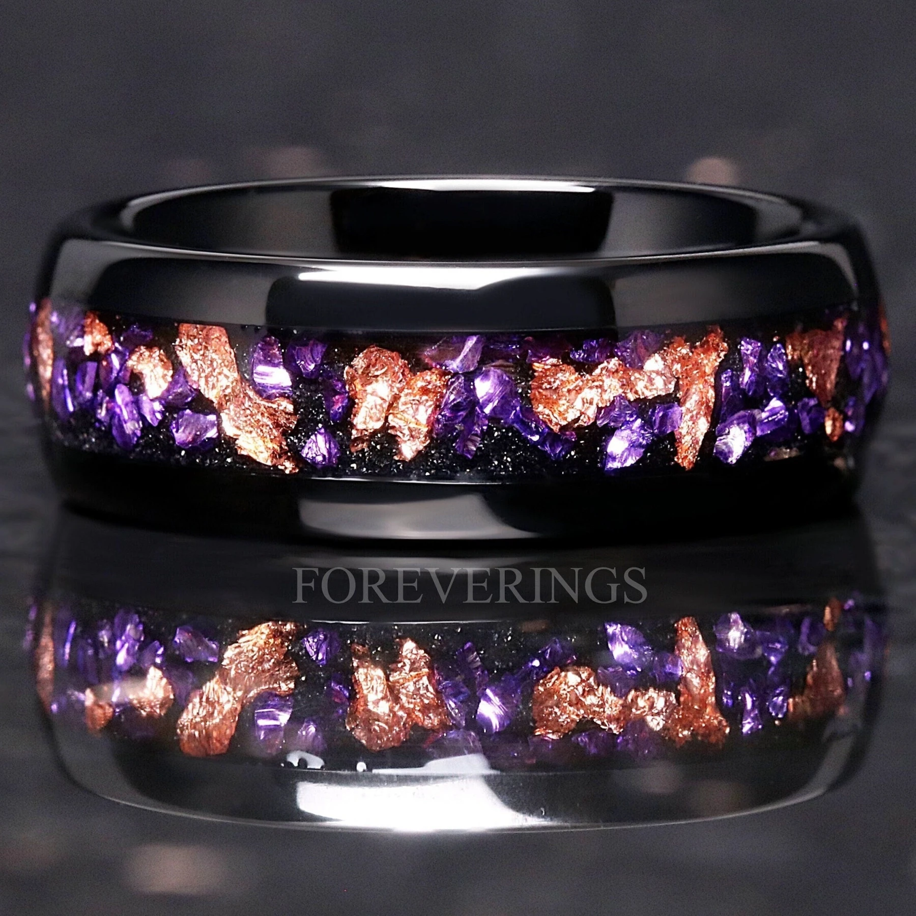 Amethyst Mens Wedding Band, Purple Ring, Black Tungsten Ring