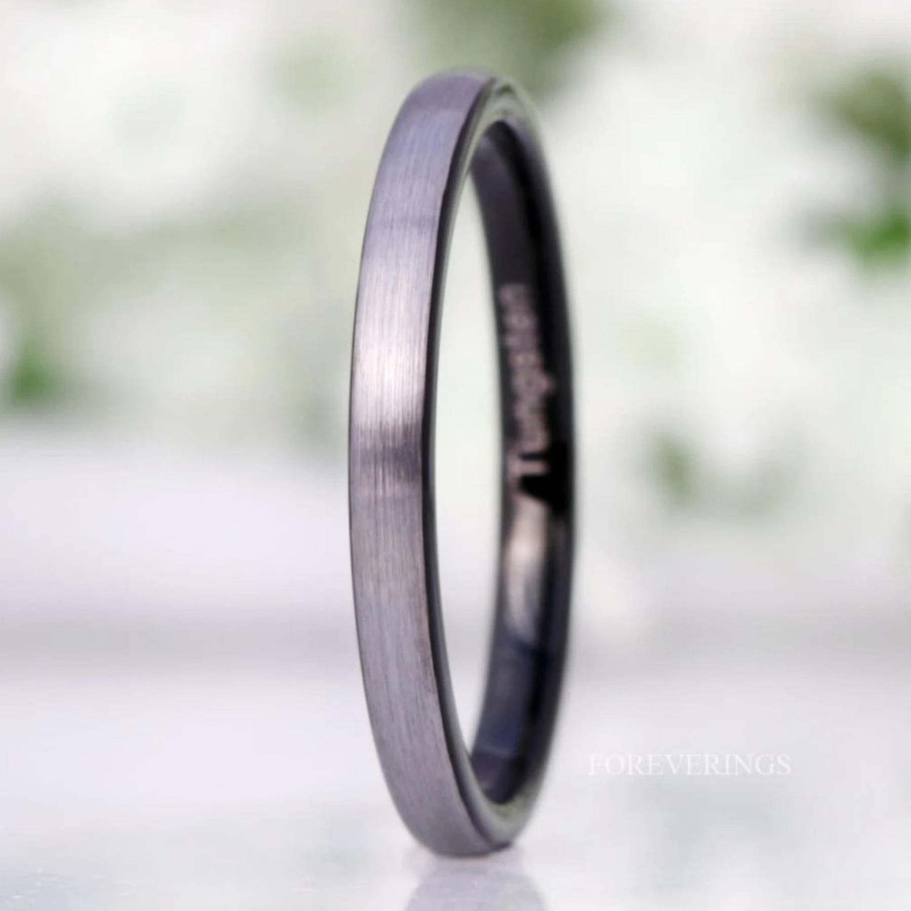 Black Silver Ring, Two Tone Thin Wedding Band, Matte Tungsten Ring