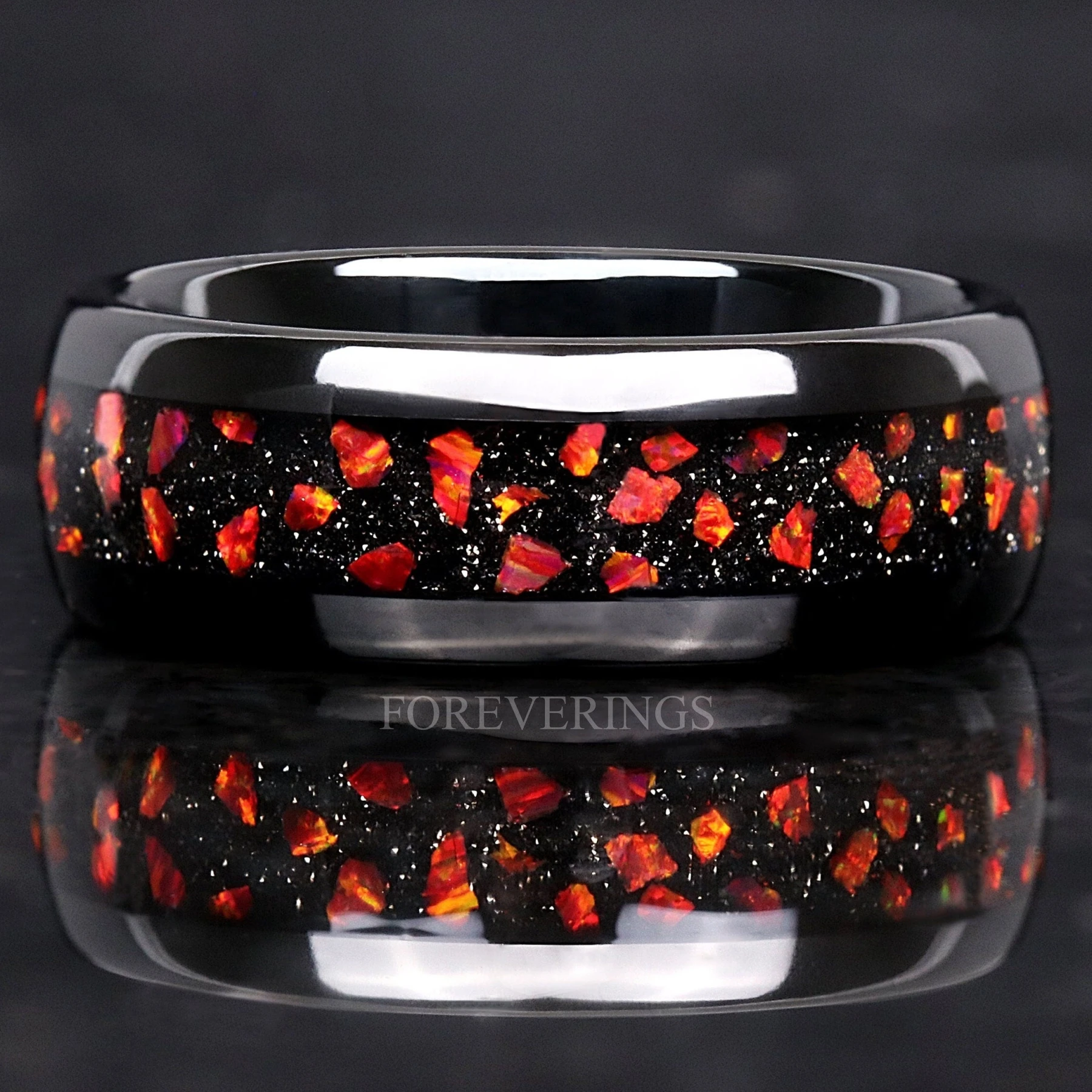 Red Fire Opal Mens Wedding Band | 8mm Black Tungsten Ring